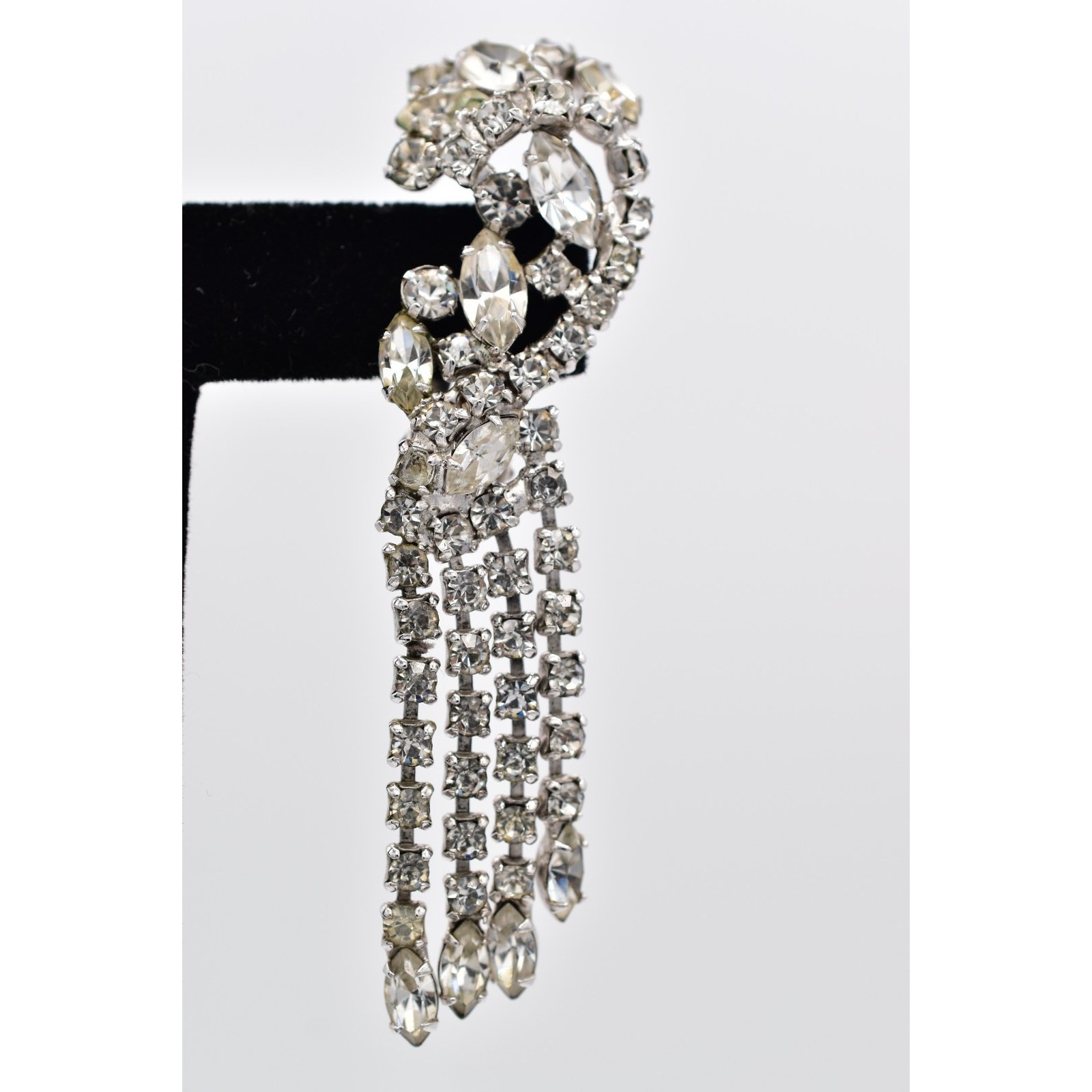 Vintage Crystal Climber Fringe Clip On Earrings Rhinestone Dangle Tassel BinAZ