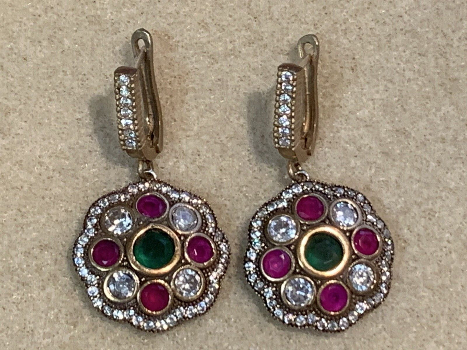 HUGE SALE**ESTATE VTG. EMERALD/RUBY/WHITE ZIRCON OTTOMAN EARRINGS-NEVER WORN