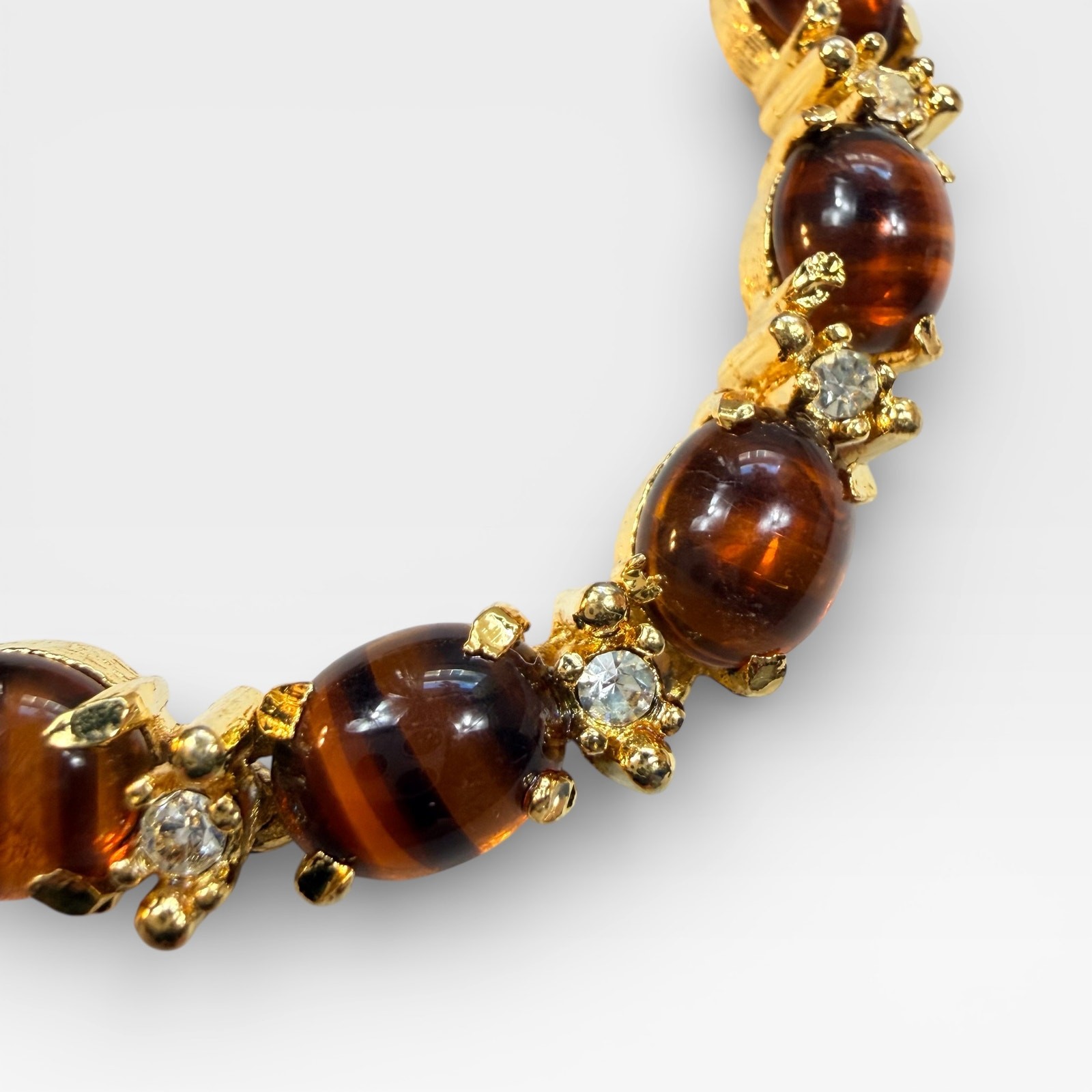 Vintage Tiger’s Eye Style Bracelet, Gold Tone Rhinestone Cabochon Link 7.25”