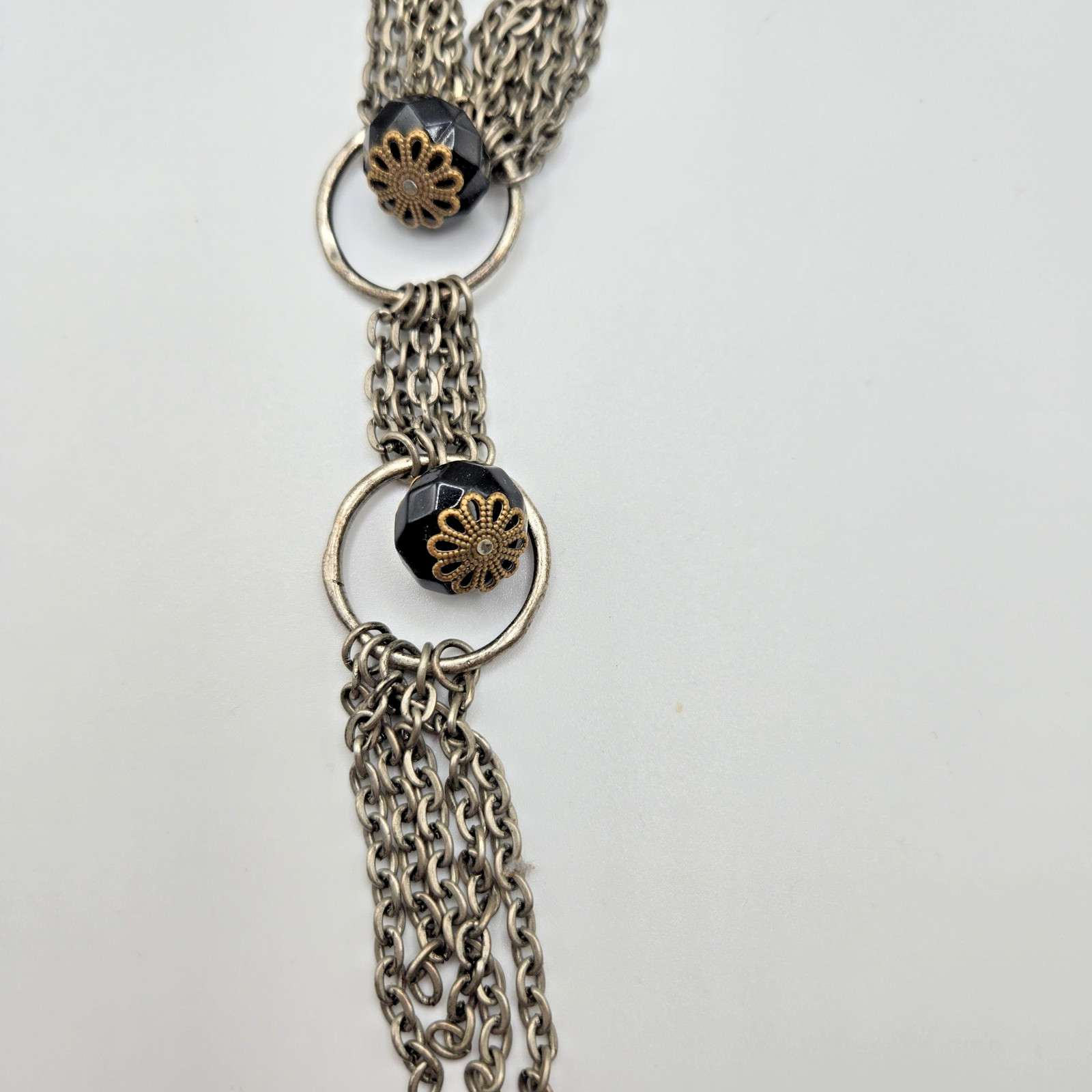 VTG Statement Necklace Layered Chain Black Beads Silvertone 18 in overall length