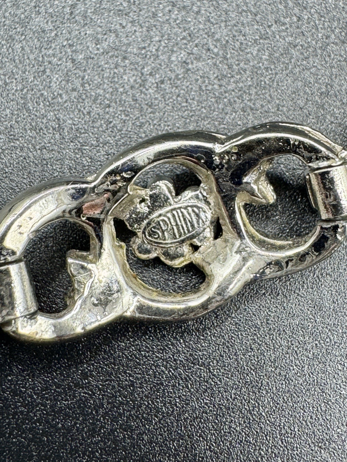 Antique Signed SPHINX Marcasite Link Bracelet Art Deco 1950s Floral Silver Tone