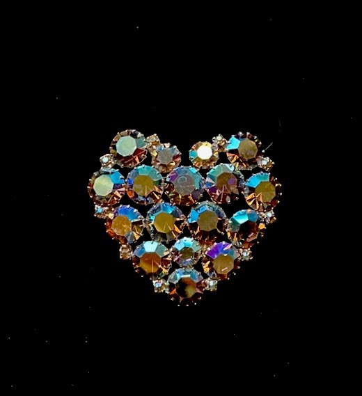 vintage blue aurora borealis Peacock AB Iridescent Crystal Cluster Heart Brooch