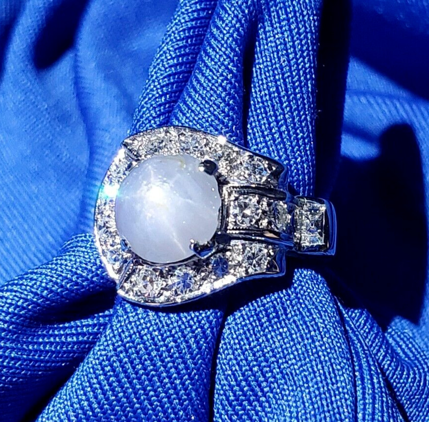 EARTH MINED STAR SAPPHIRE DIAMOND ART Deco Engagement Ring SOLID 14K WHITE GOLD