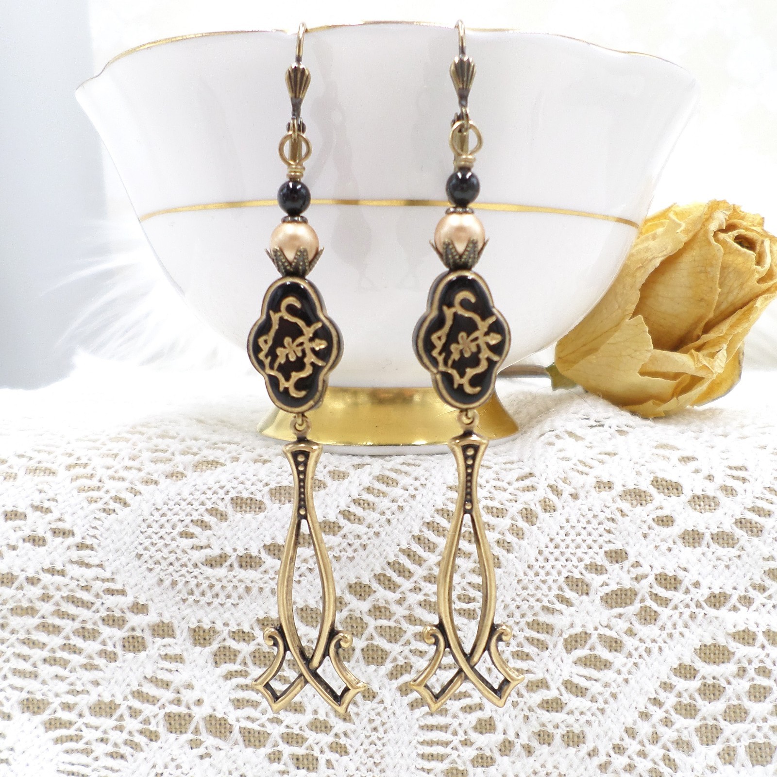 Antique Brass Dangle Earrings Black Gold Floral Acrylic Beaded Victorian Jewelry