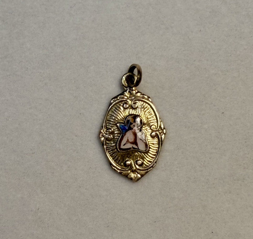 Victorian Gold Filled & Enamel Raphael Cherub First Communion Pendant Charm