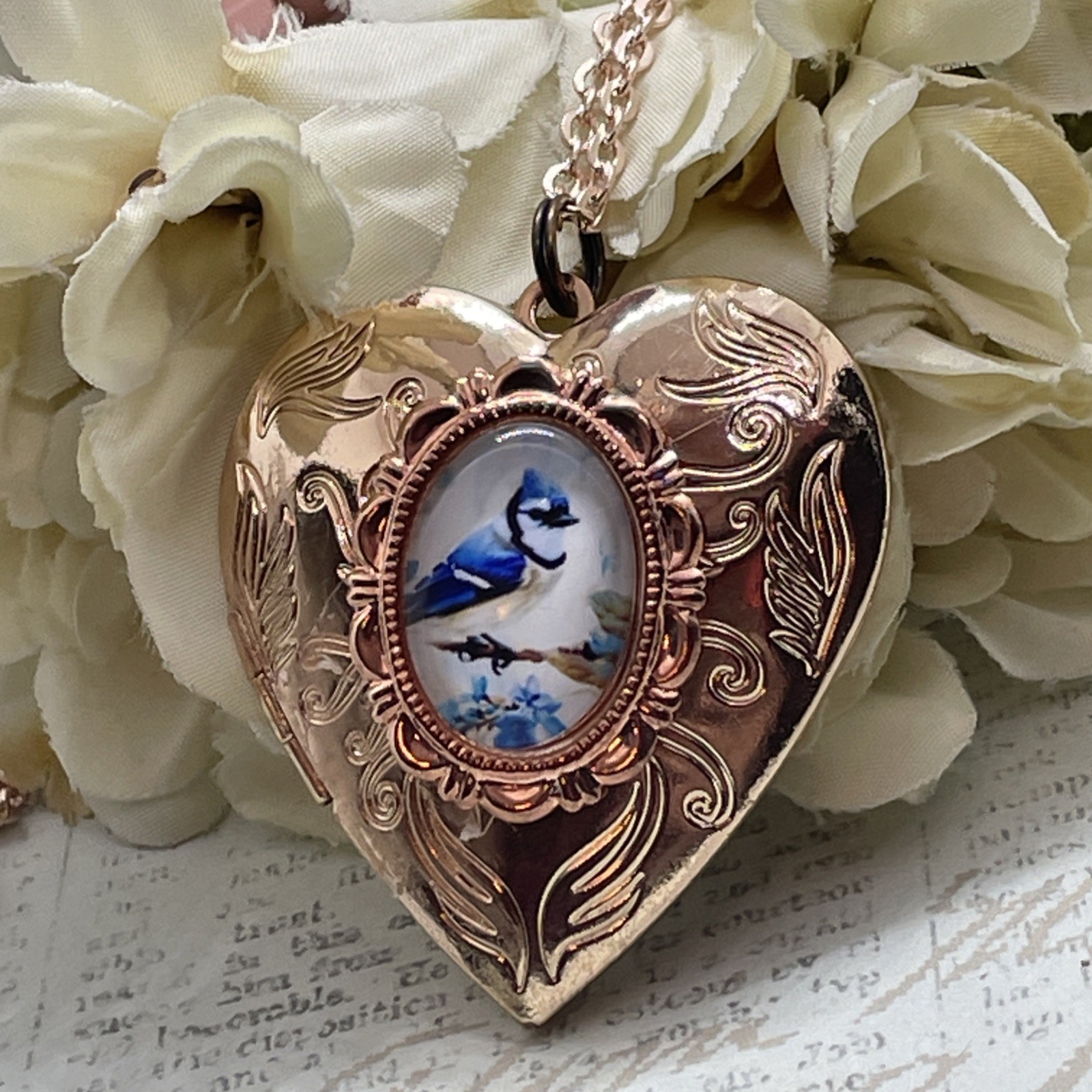 Blue Jay Bird VALENTINE Rose Gold Heart Locket Anniversary Bridal Gift Wedding