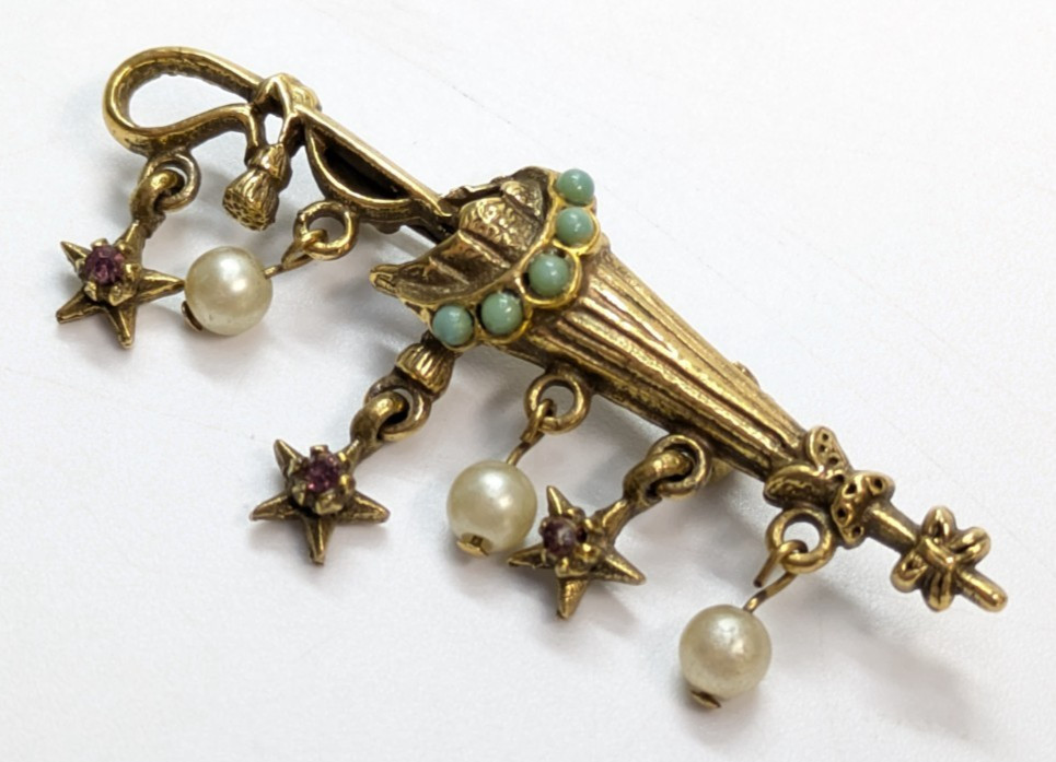 VTG Unsigned Florenza Purple Rhinestone Gold Tone Umbrella Stars Pearl Brooch 2″
