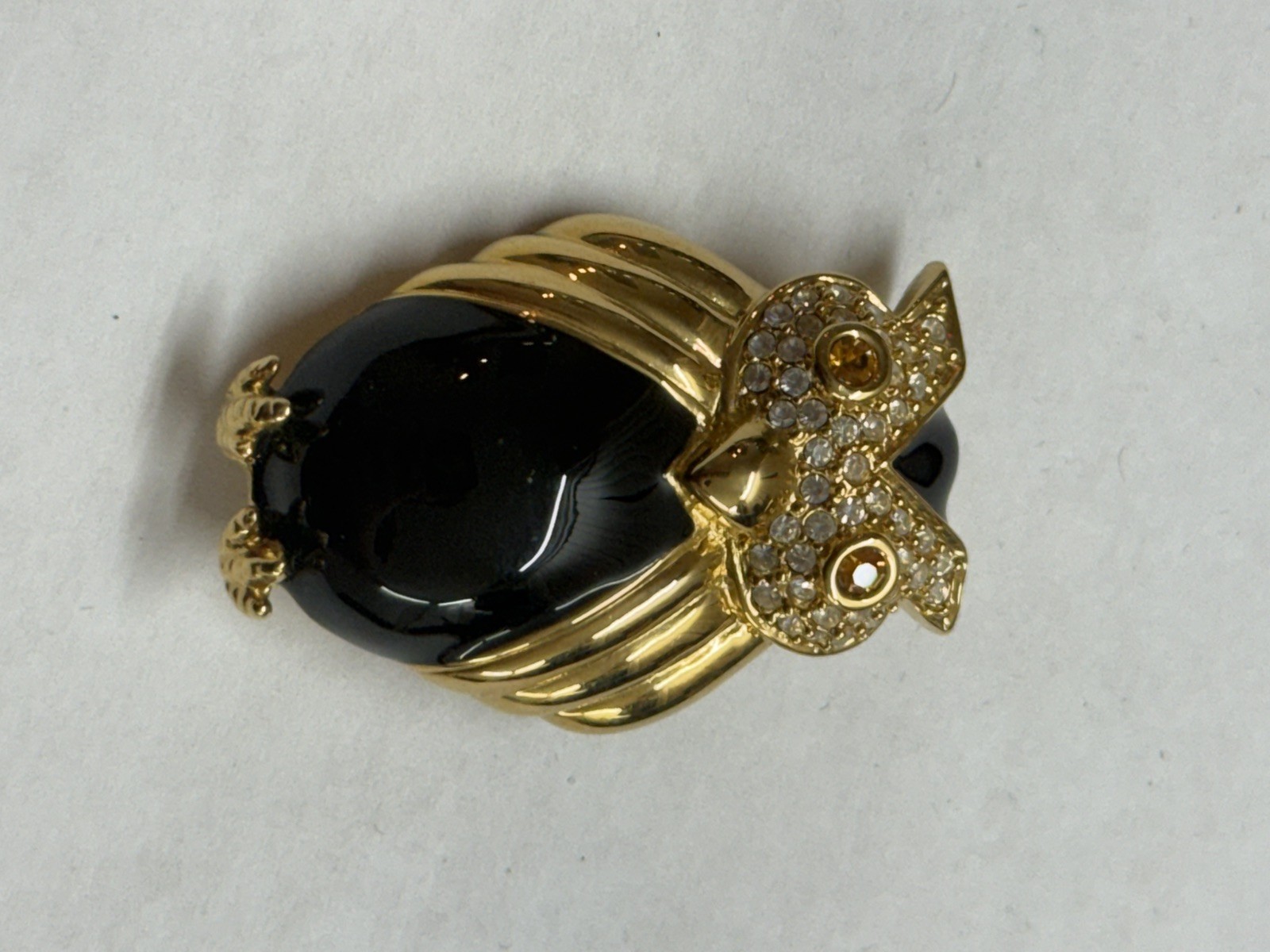 JOAN RIVERS COLLECTION PAVE’ CRYSTAL OWL PIN BROOCH ESTATE BLACK ENAMEL GOLDTONE