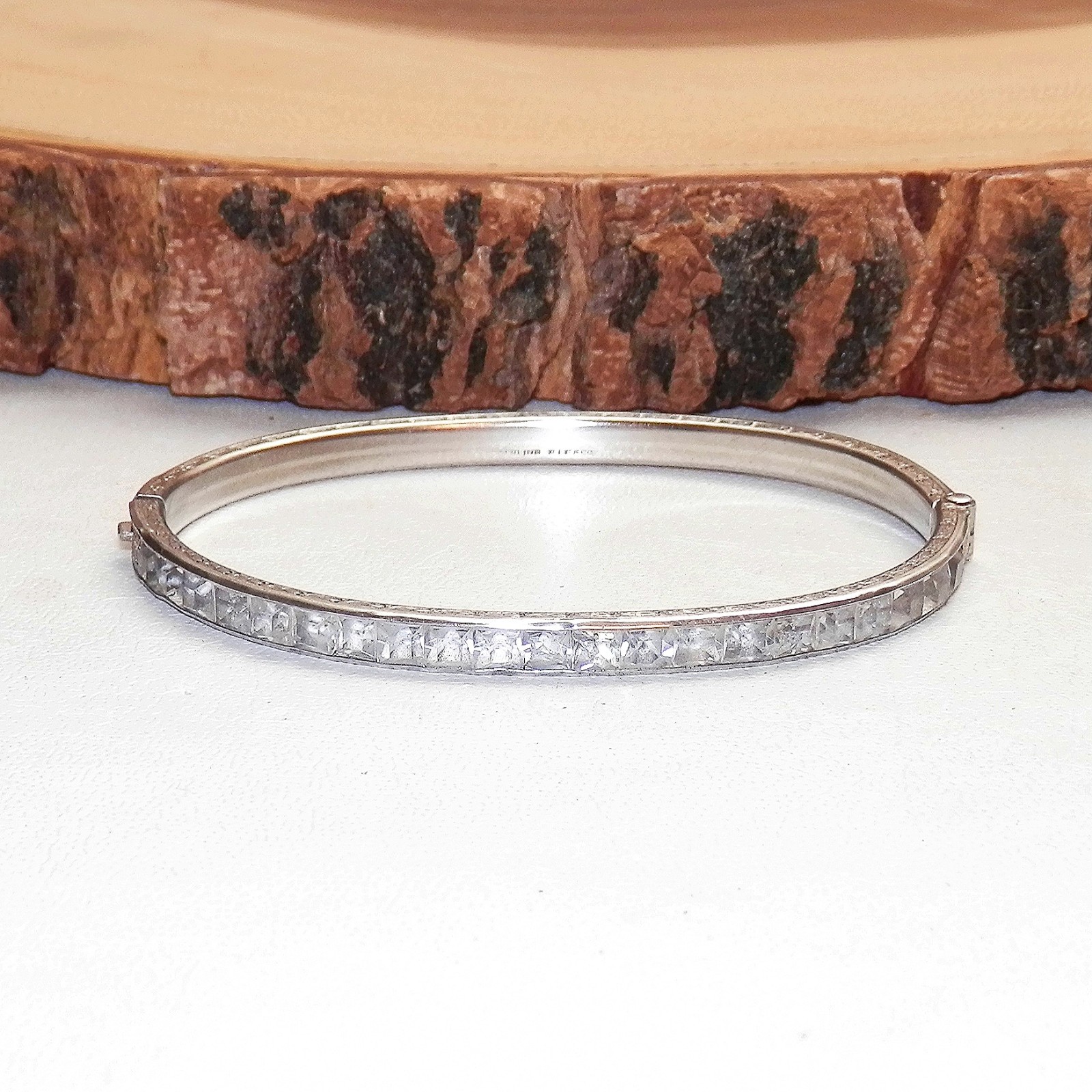 Art Deco Sterling Silver 925 Square Rhinestone Antique Hinged Bangle Bracelet