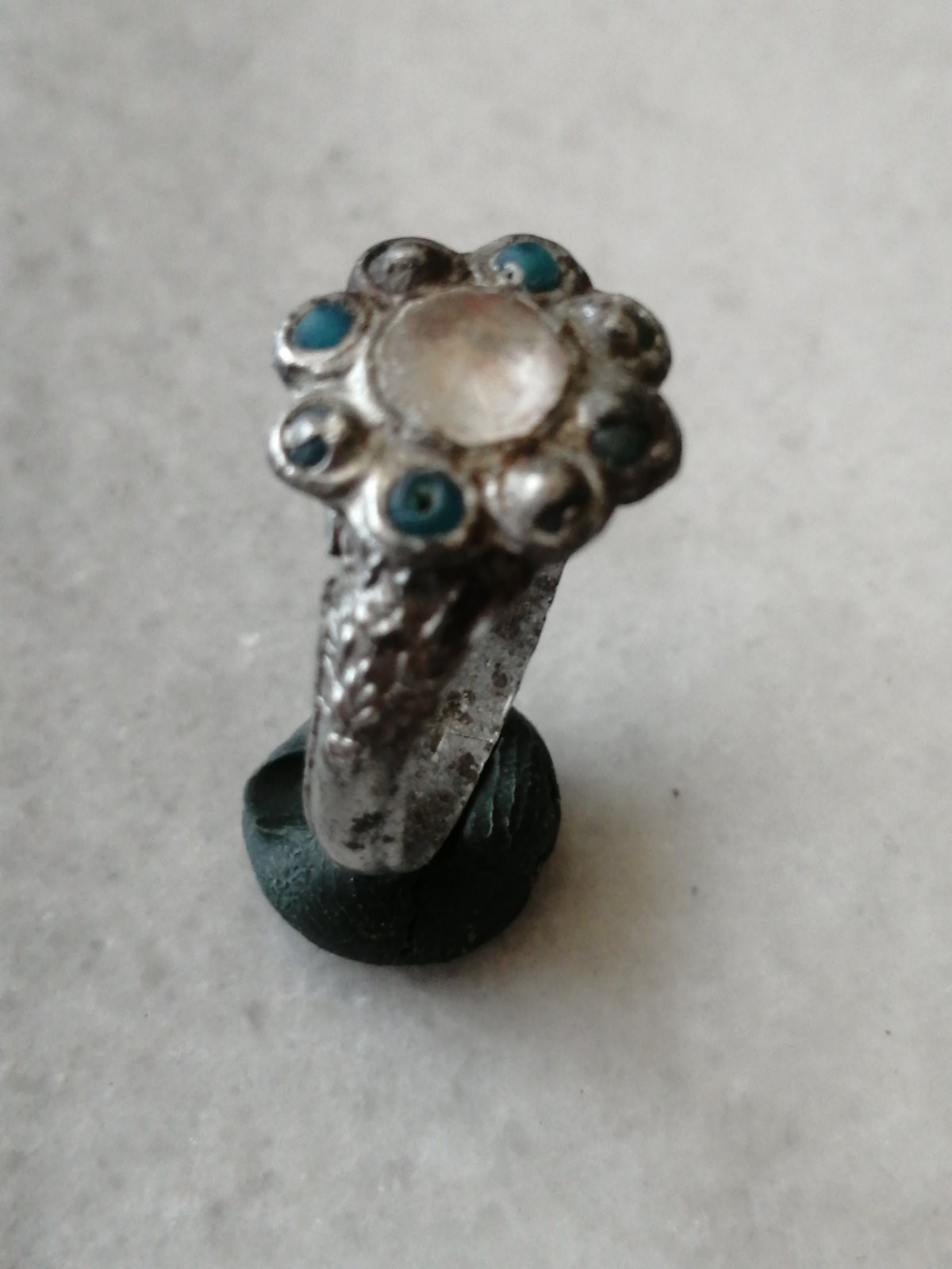 Rare Pre Georgian Alloy Silver, Zinc Ring, With Crystal Stones, US-10,5