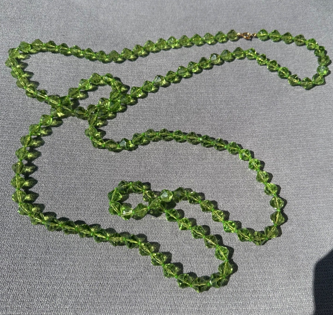 Vintage Long Peridot‑Tone Faceted Glass Bead Necklace • Mid‑Century Green