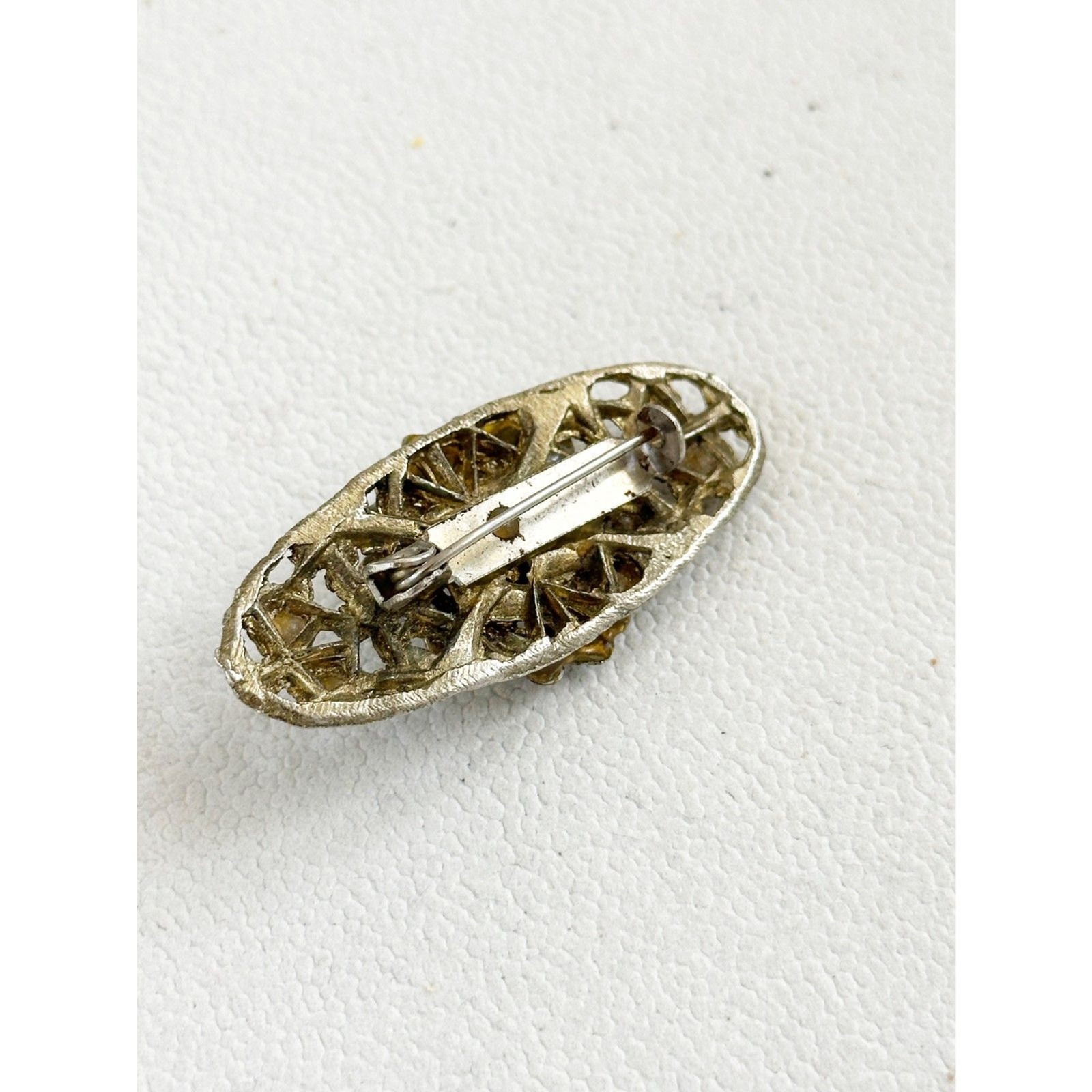 Vintage Rhinestone and Gold Tone elongated Brooch with C Clasp