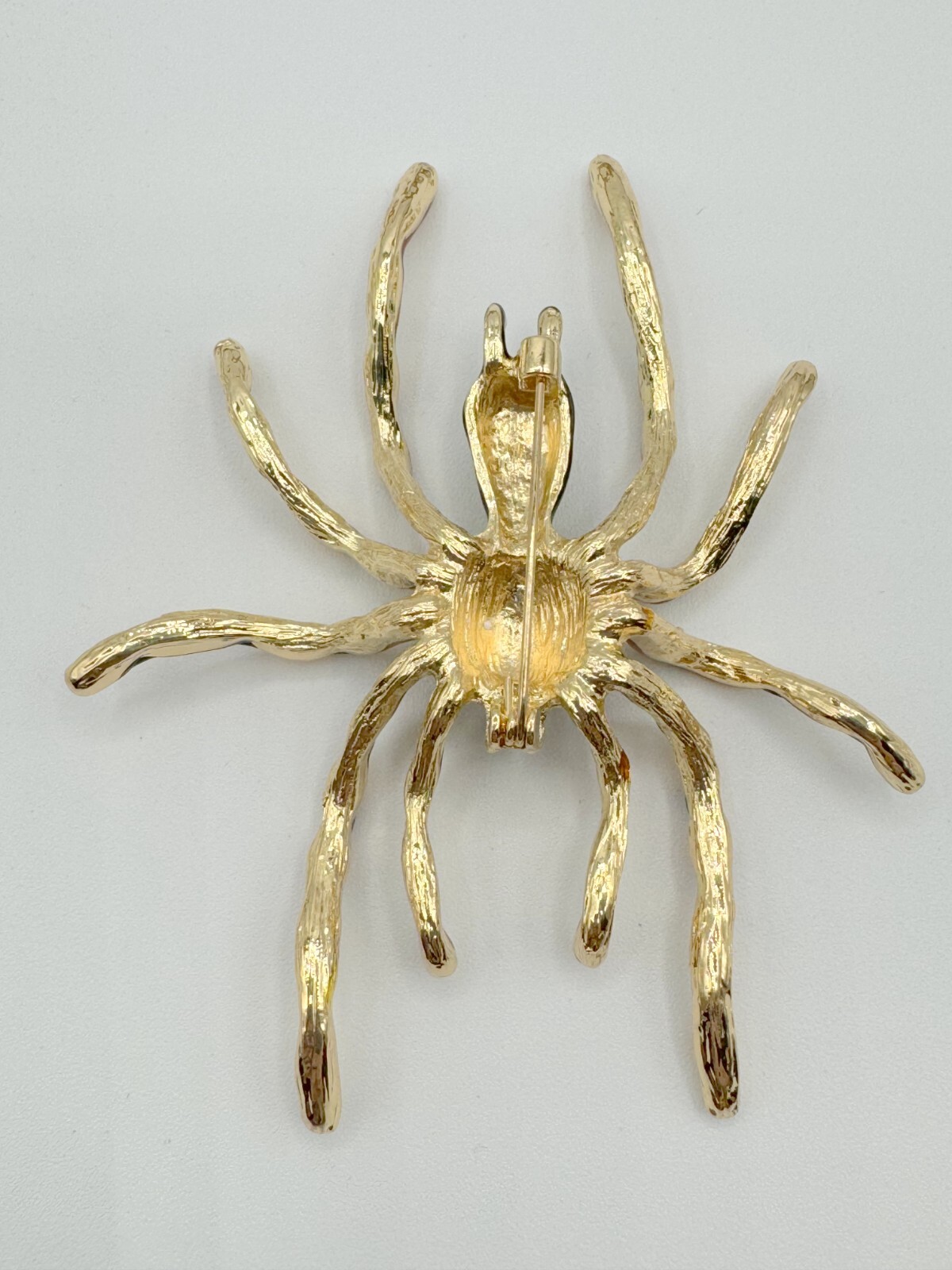 T9-1151 BROOCH GOLD TONE PIN 3.4″ ENAMEL RHINESTONE HALLOWEEN SPIDER YELOW