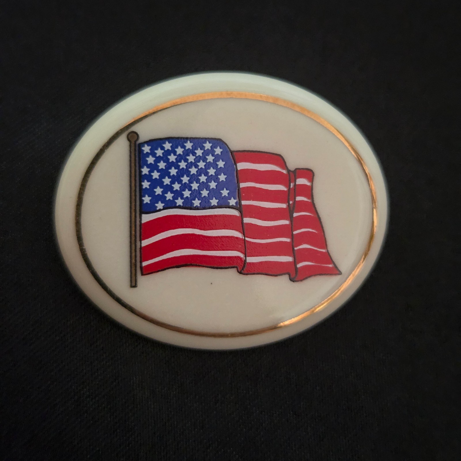 LENOX-Ivory Fine China- American Flag Oval Pin with Gold Trim 1¼” w/ Certificate