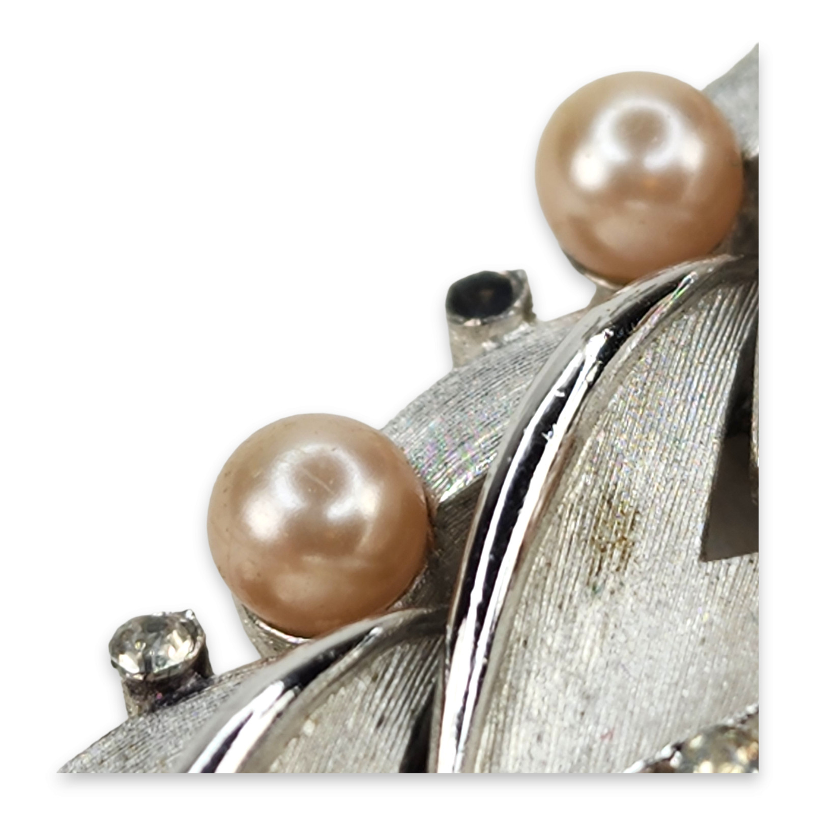 Vintage Trifari Silver Tone Clear Rhinestone Faux Pearl Links Bracelet 7.25 In