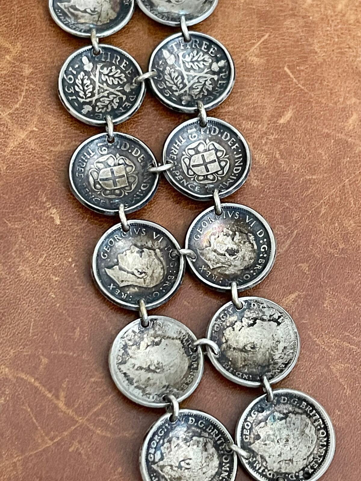 Old Great Britain Three pence .925 Sterling Coins Cupped Link Bracelet 6.25” In