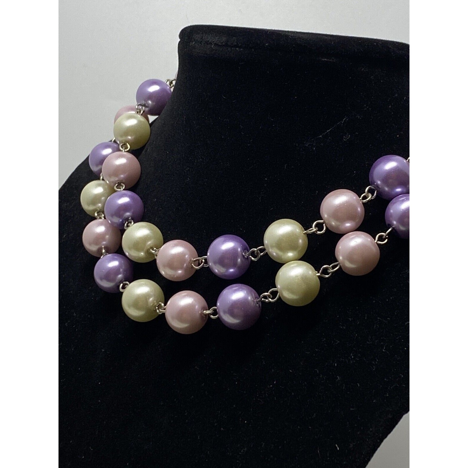 Vintage Pastel Faux Pearl Double Strand Necklace Pink Purple Romantic