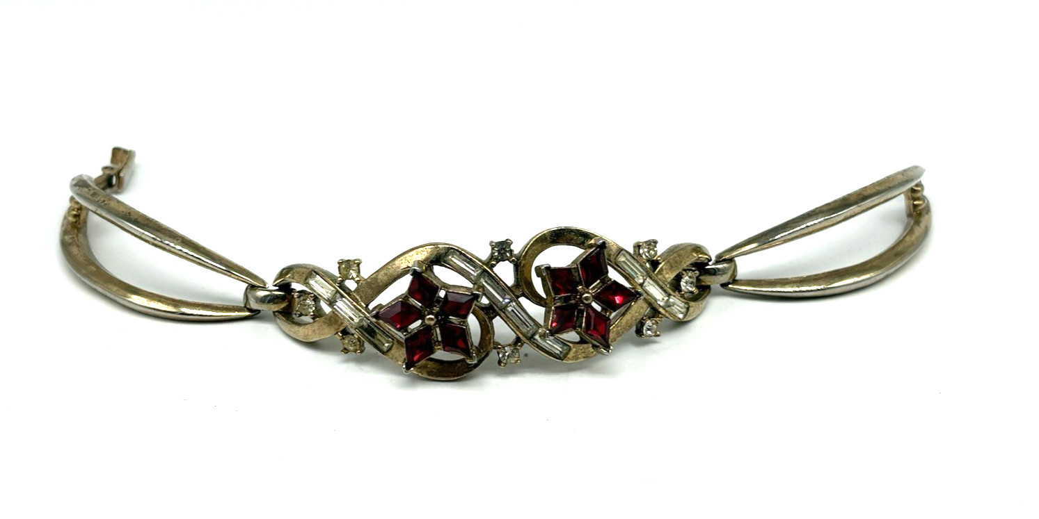 Crown Trifari Philippe Twinkle Bracelet Hinged Ruby Red Crystal Rhinestone Gold