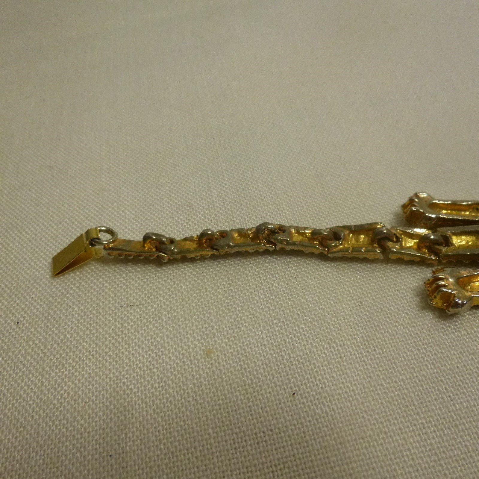 Vtg Articulated Green Eyed Tiger Bracelet Gold Tone Pave Rhinestones Blk Enamel