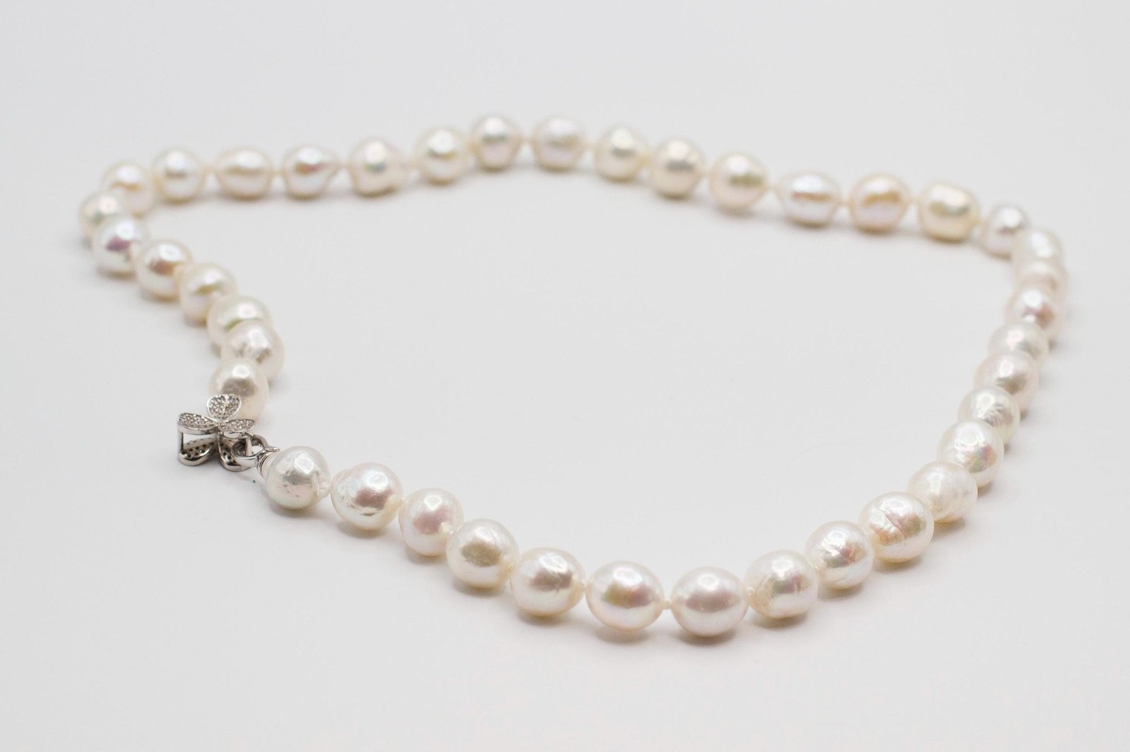 21” White Baroque Edison Pearl Necklace Kasumi Style Sterling Silver CZ Clasp
