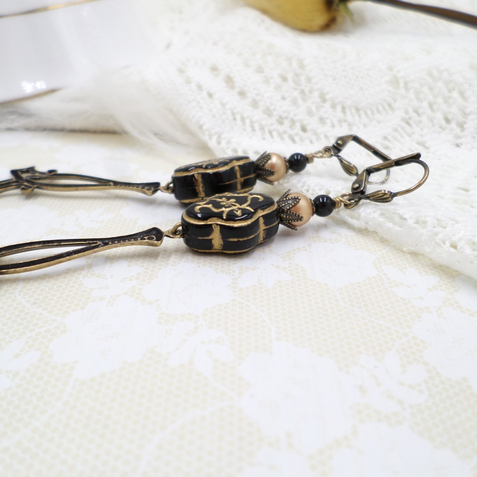 Antique Brass Dangle Earrings Black Gold Floral Acrylic Beaded Victorian Jewelry
