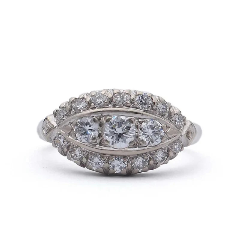 Art Deco Style Lab Created Diamond Three-Stone Wedding 14K White Gold FN Ring