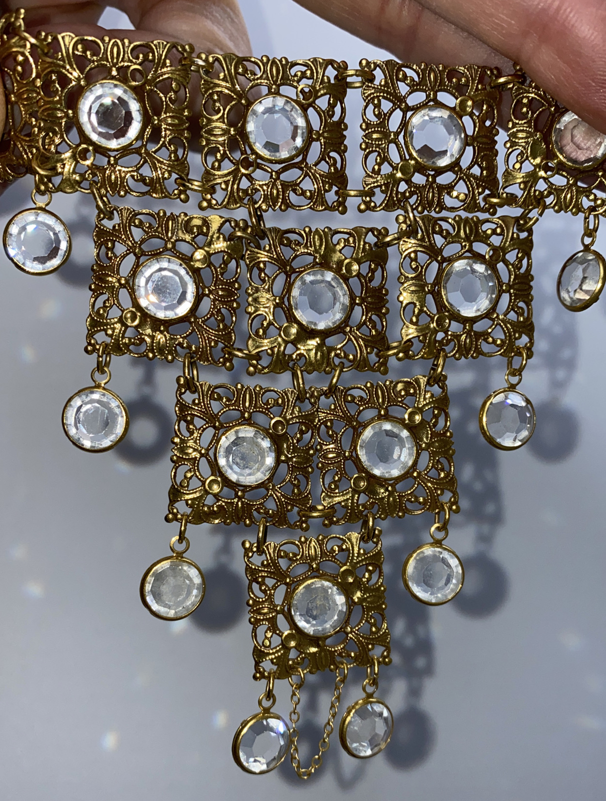 Vintage STATEMENT Goldette Ben Gartner Crystal Openwork Dangle Bib Necklace.