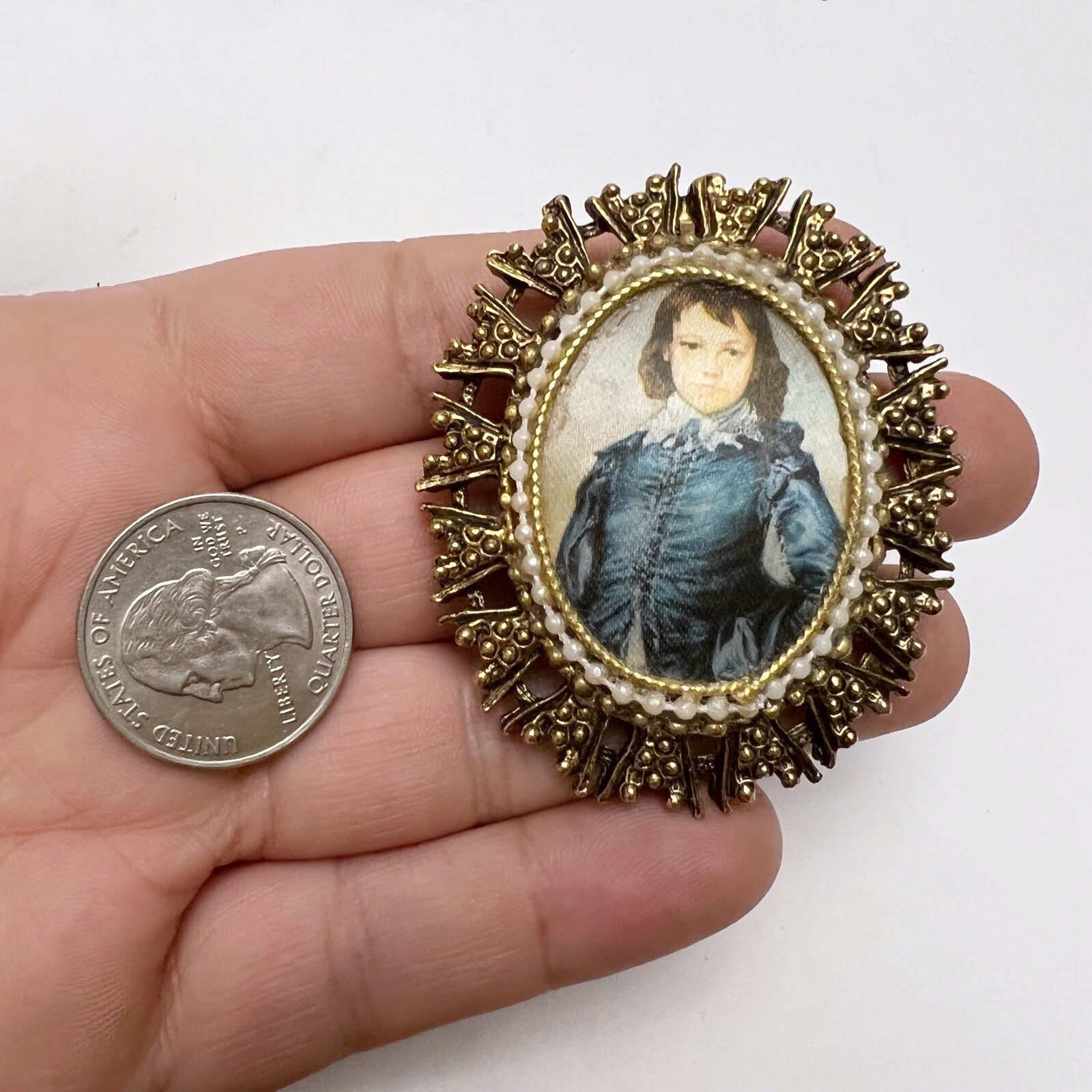 Vintage Victorian Revival Portrait of Boy Faux Pearl Fabric Oval Ornate Pendant