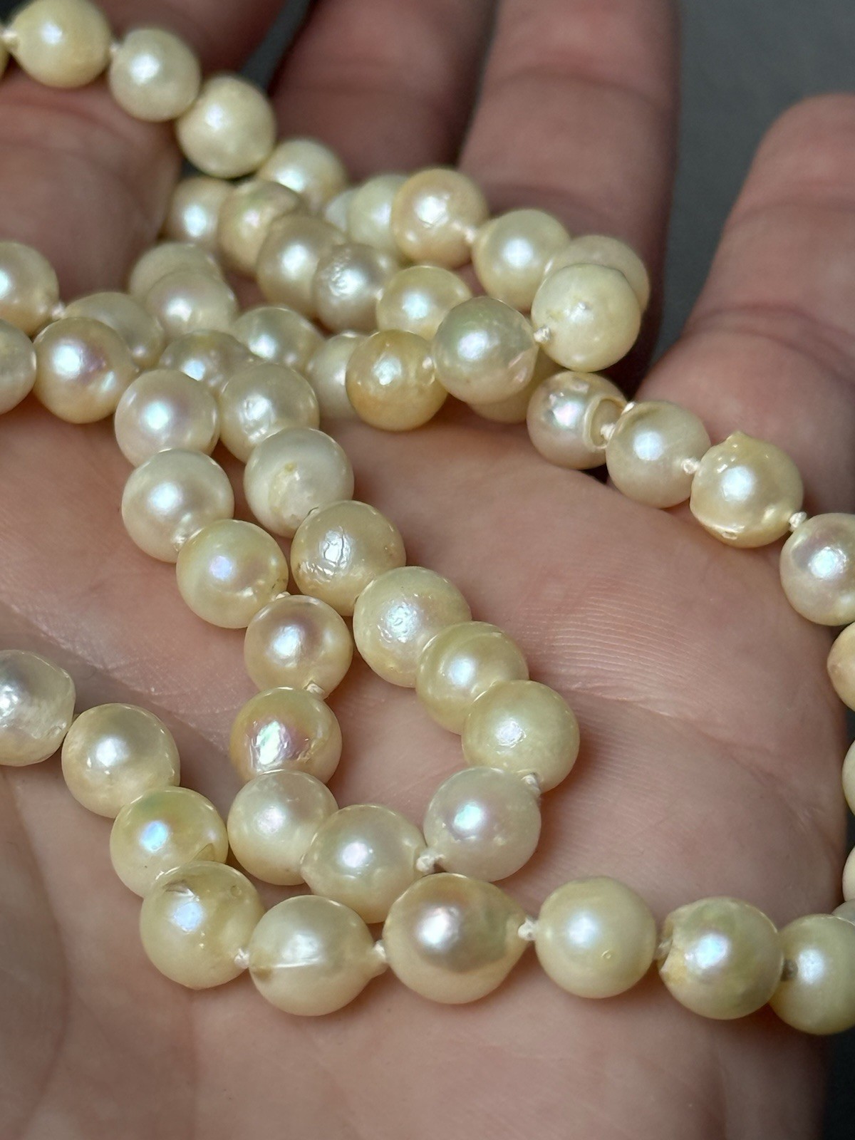 Vtg Art Deco Sterling Silver Pearl Clasp Baroque Akoya Hand Knotted Necklace 25”