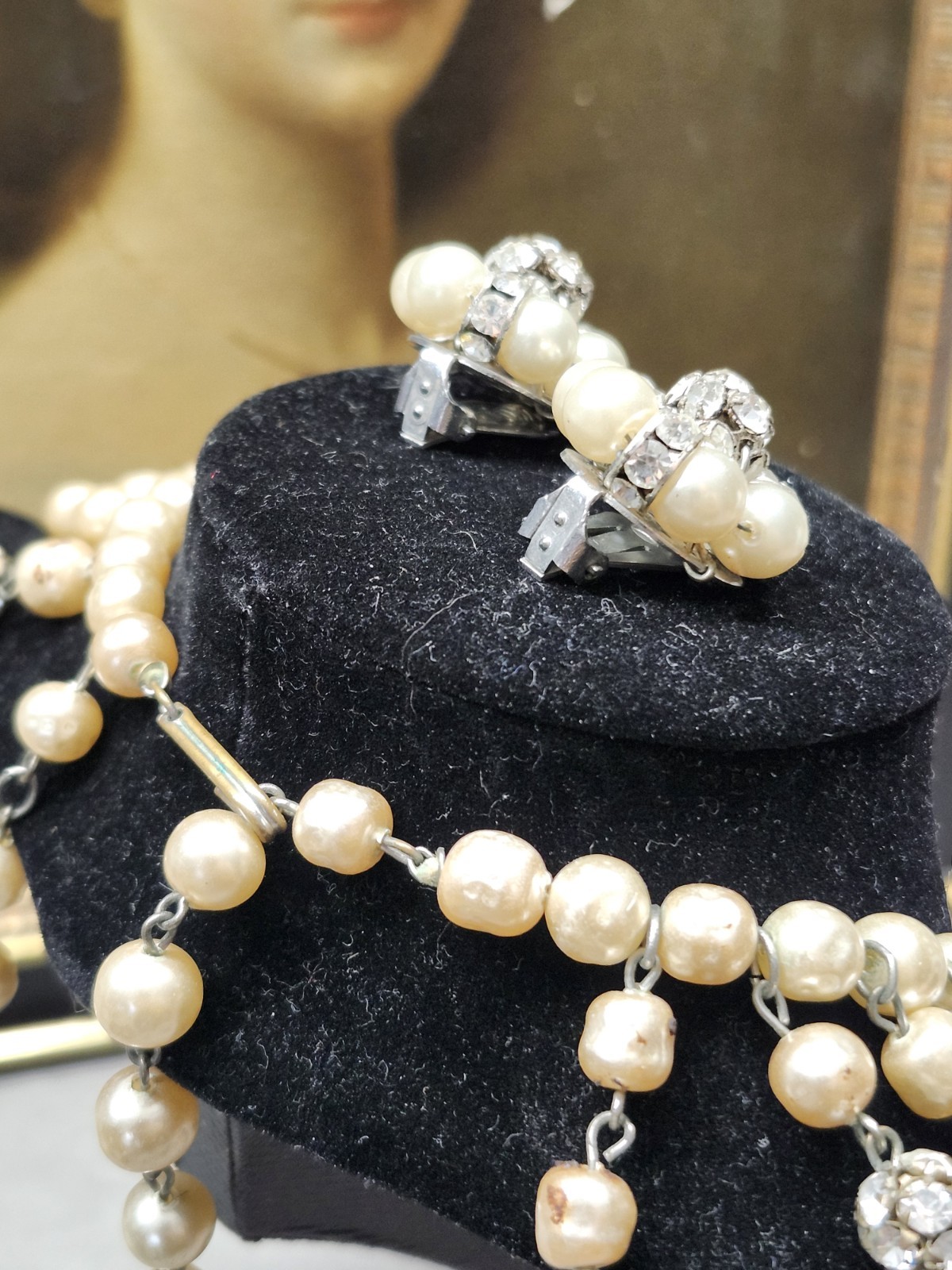 STUNNING 1950s Pearls & Rhinestone DROP Necklace & Clip Earring SET Estate WoW!