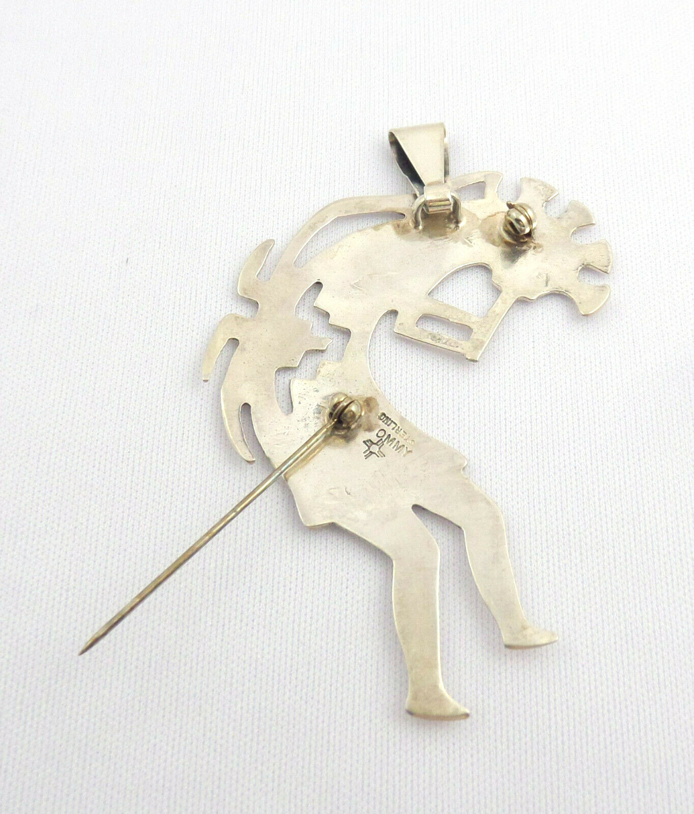 VTG Native Sterling Kokopelli Brooch – Pendant 2.5” Long Signed OMMY 10.9 Grams