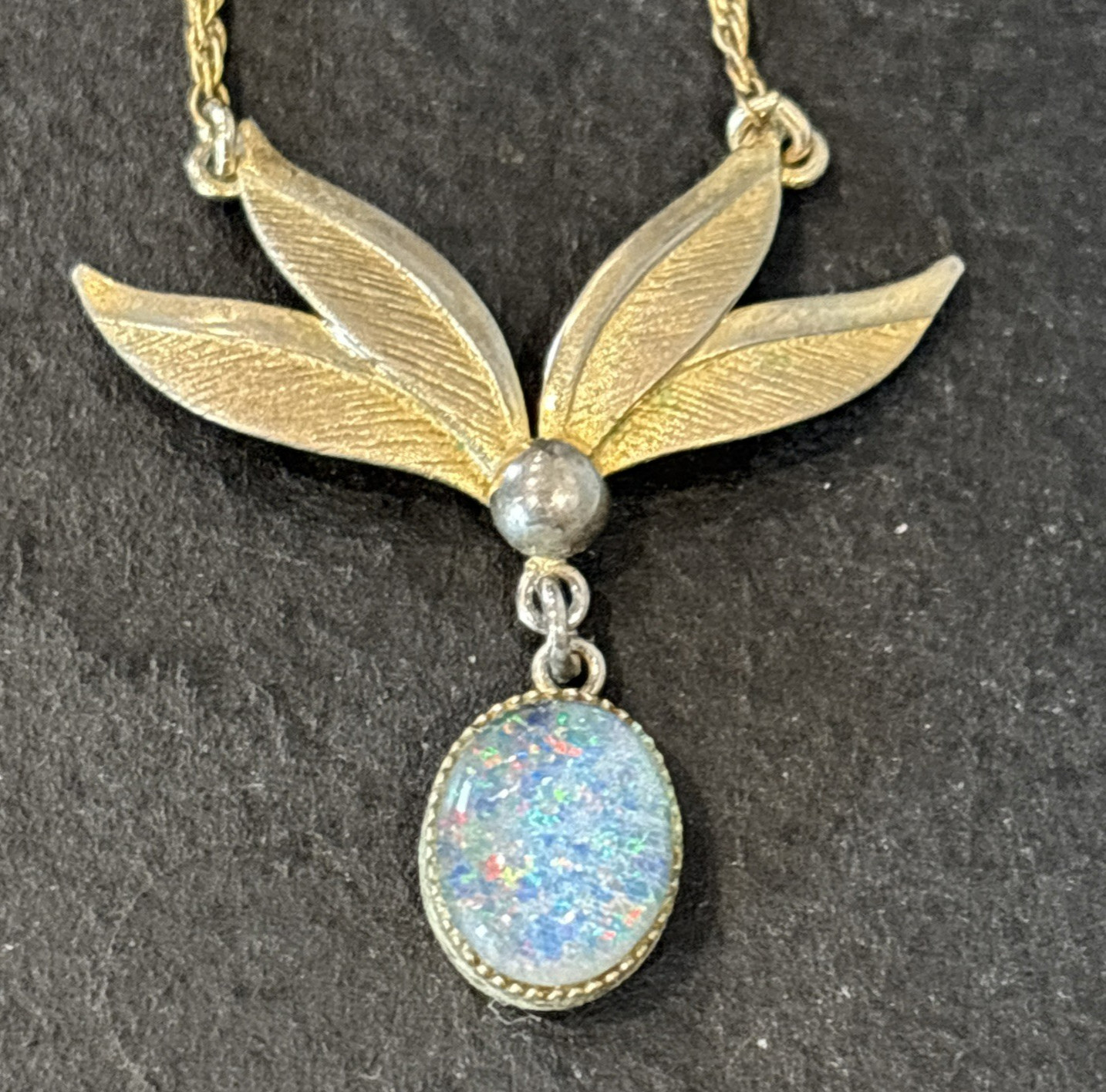 Delicate 1/20 12KGF Opal Pendant 16”Necklace Flower Leaf Design Vintage Marked