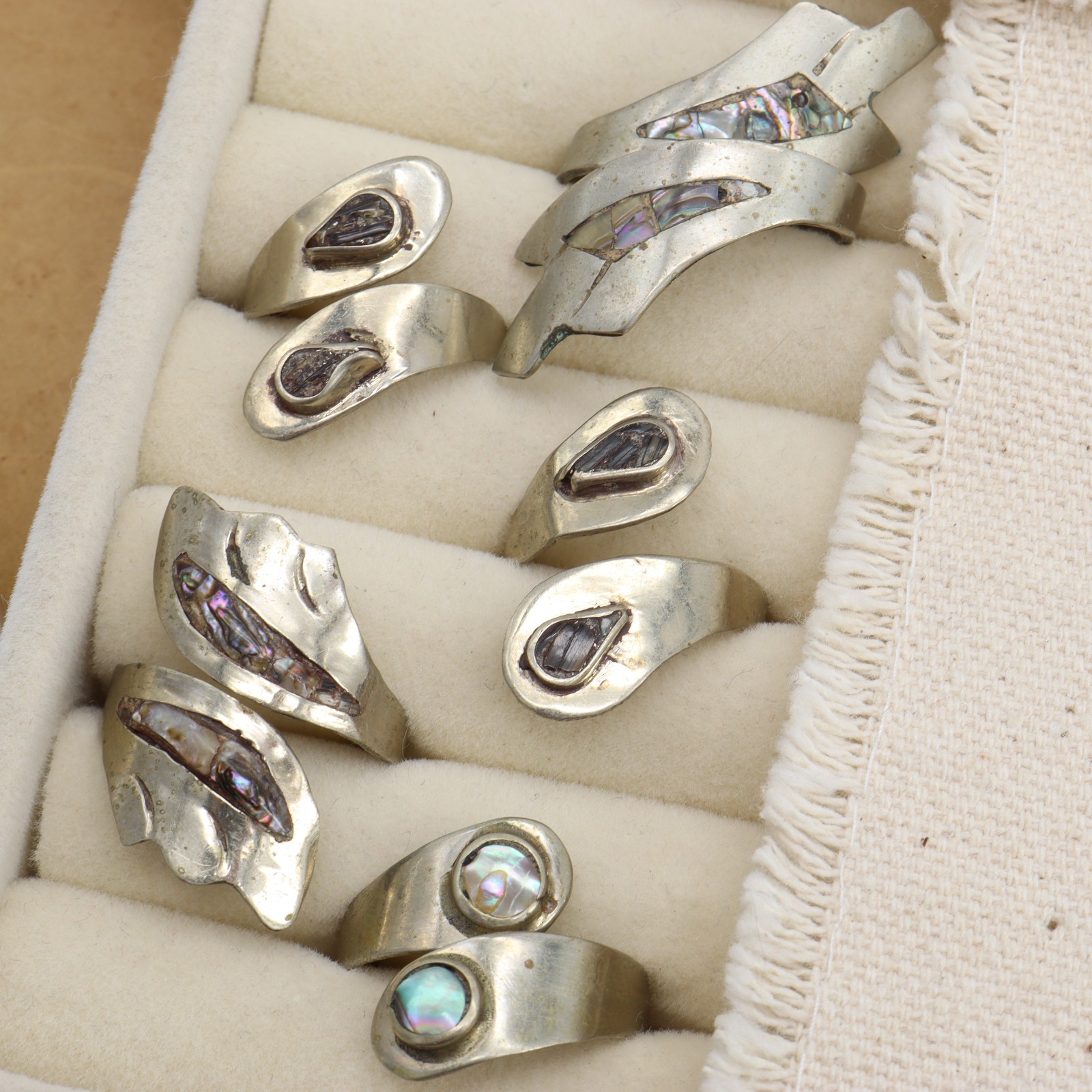 Vtg Mexico Alpaca Abalone Inlay Ring LOT 5 Wrap Shell Silver Metal Tone Mexican