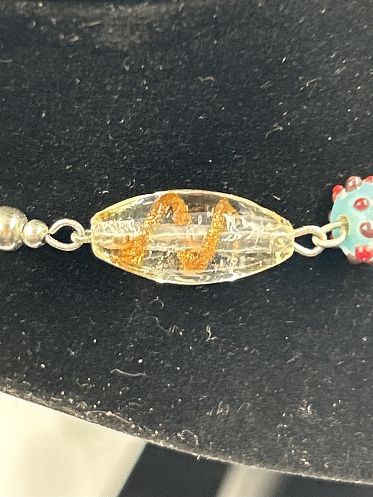 VTG Premier Design Art Glass Beaded Necklace Silver Tone Signed 30”w/2”