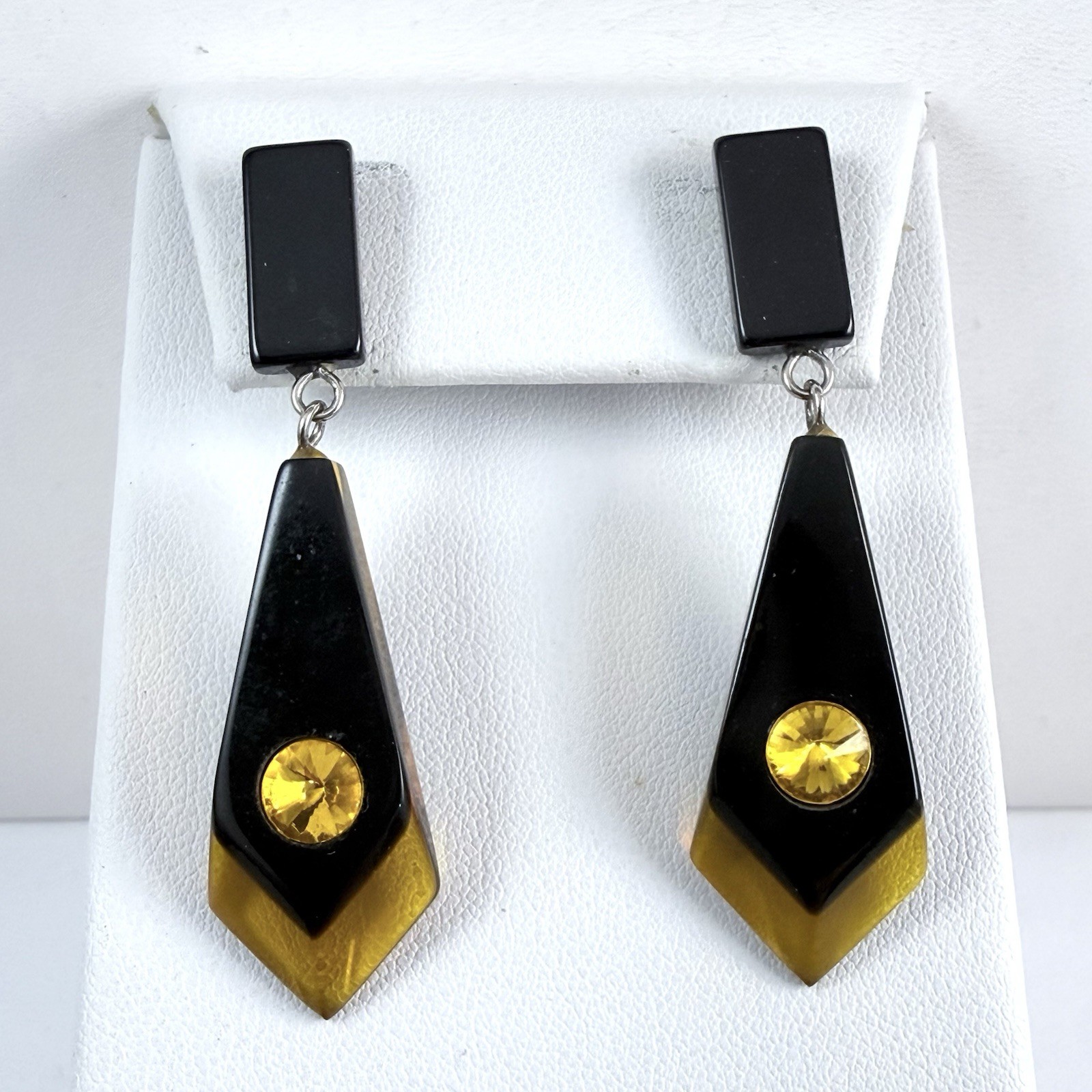 Vintage Black & Golden Color Lucite Rhinestone Dangle Pierced Earrings