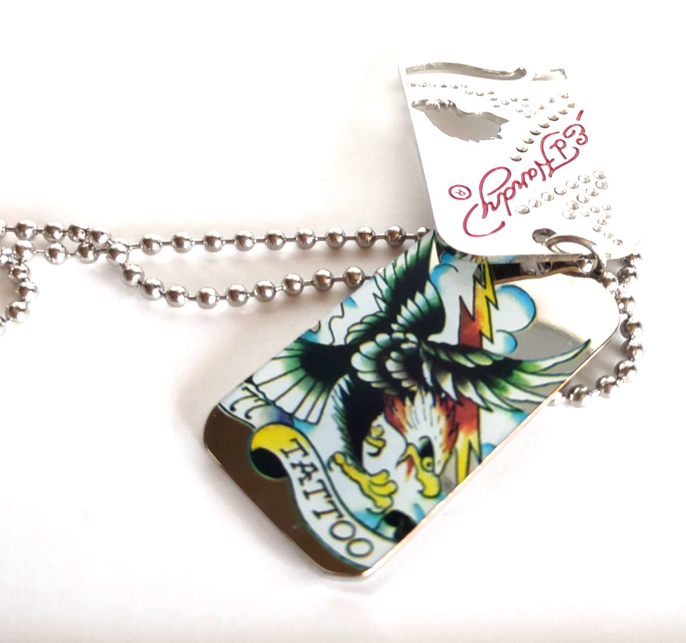 Signed Ed Hardy Rhinestone Eagle Y2K Dog Tag Chain Necklace *23″