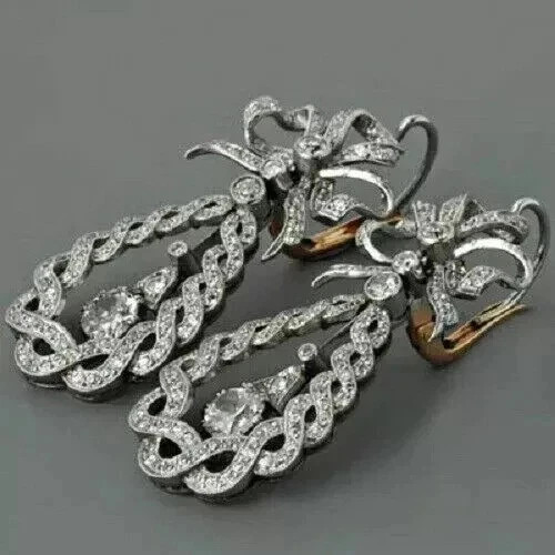 Vintage Art Deco Style Lab Created Diamond Engagement 14K White Gold FN Earrings