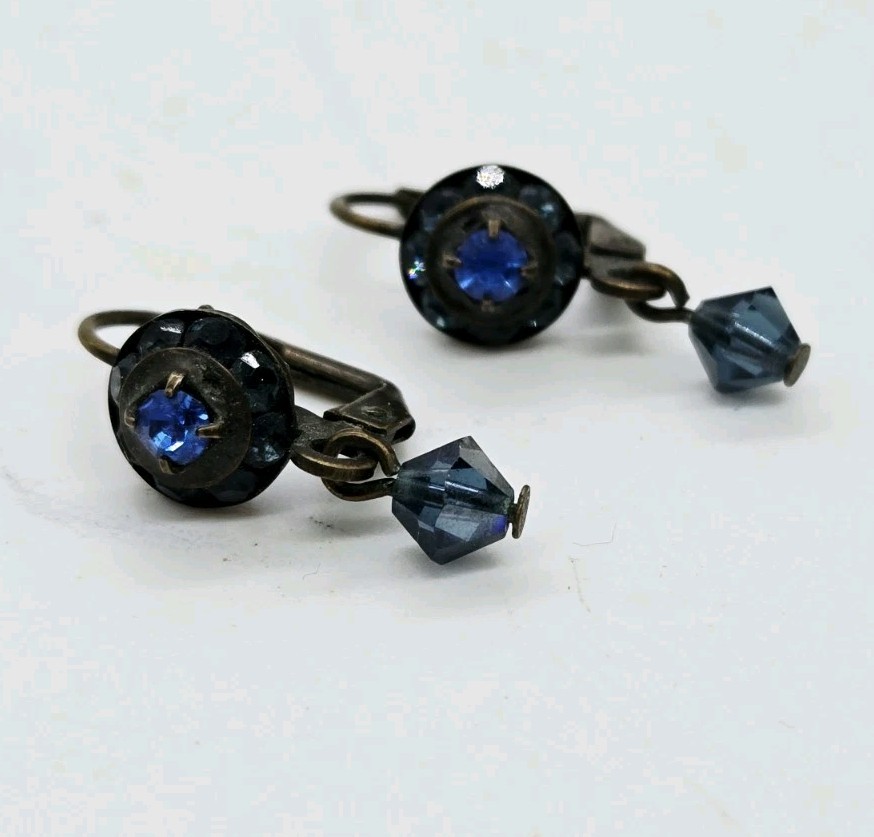Sorrelli Dangle Earrings Blue Crystal Rhinestone Brass tone Leverback .75 in