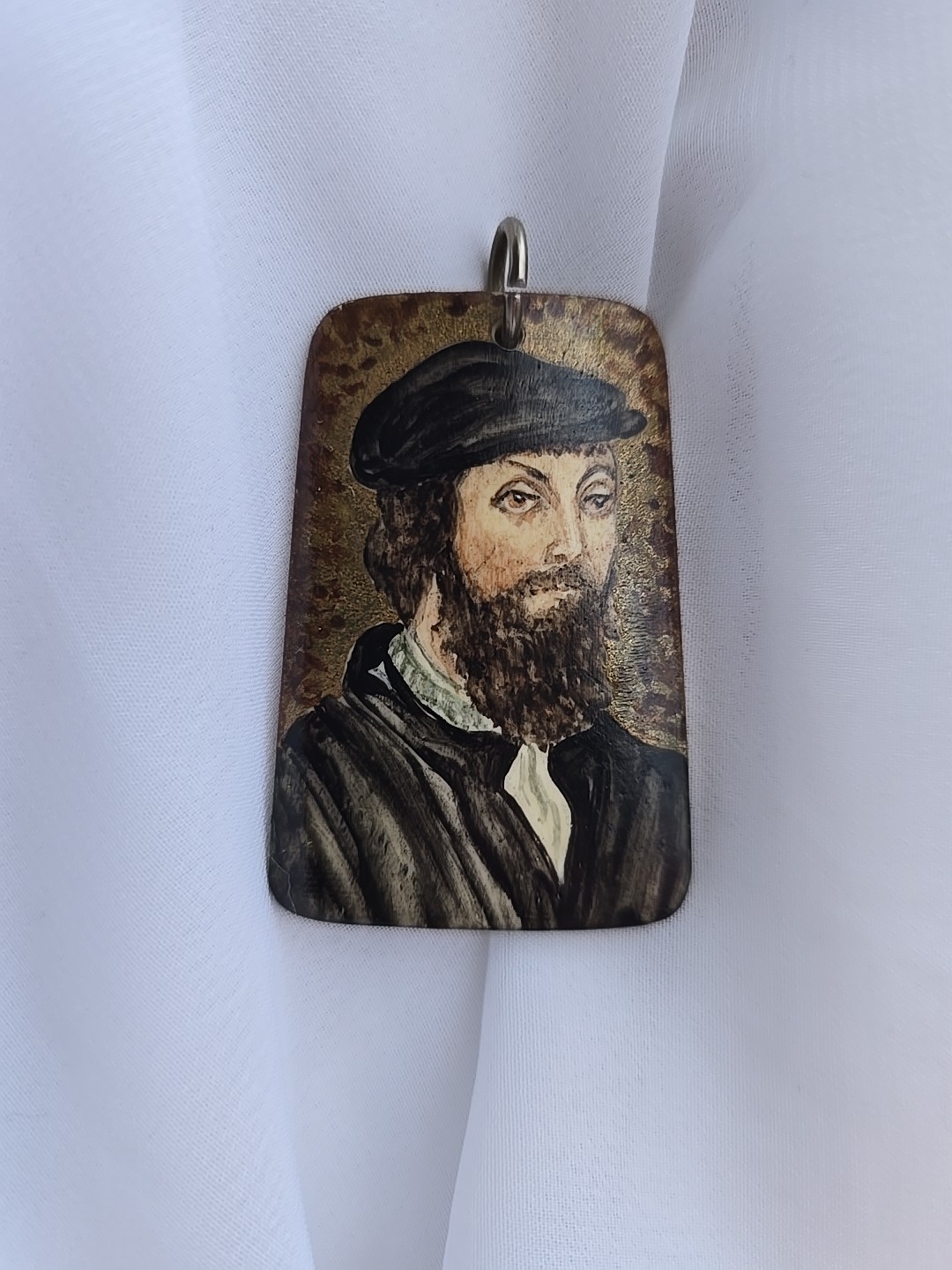 Vintage Polish Maja Witowiak Miniature Portrait Pendant Hand Painted Man Holbein