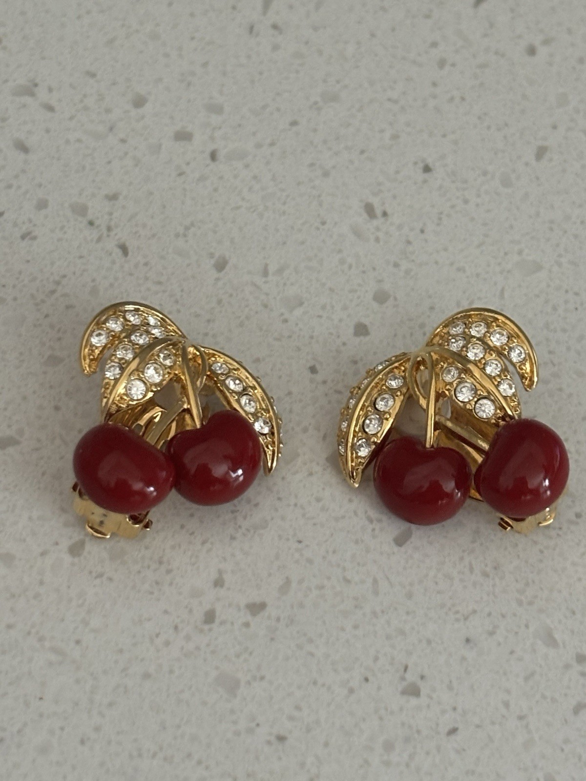 Joan Rivers Red Cherries Set Gold Tone Rhinestones Leaves Earrings