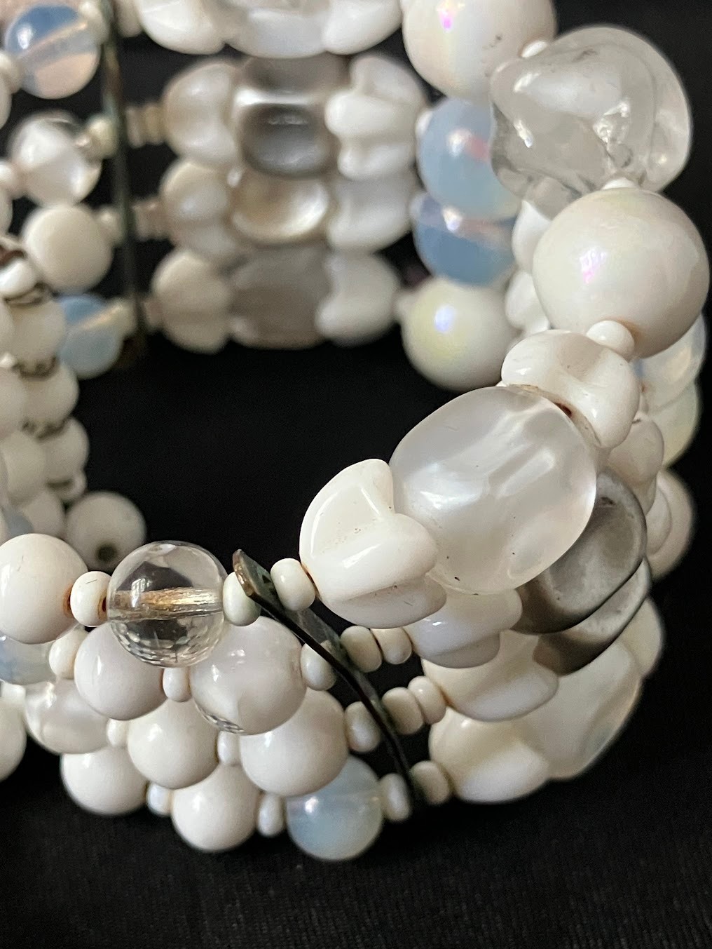 Vintage White Glass Beaded Necklace Bracelet Set Opalescent MCM Bridal