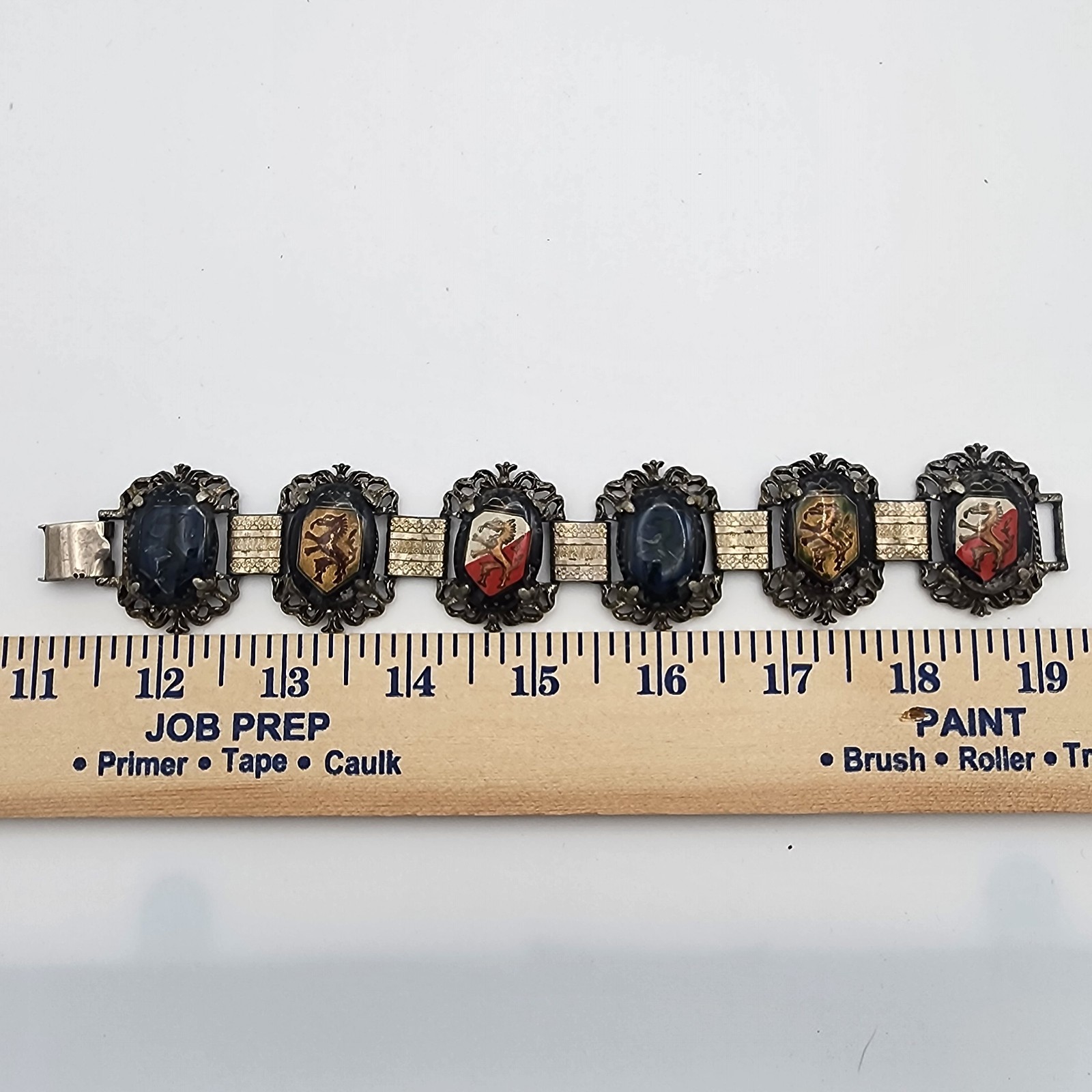 VTG Heraldic Medallion Panel Link Bracelet 7.5in Silver Tone Griffin Crest Goth