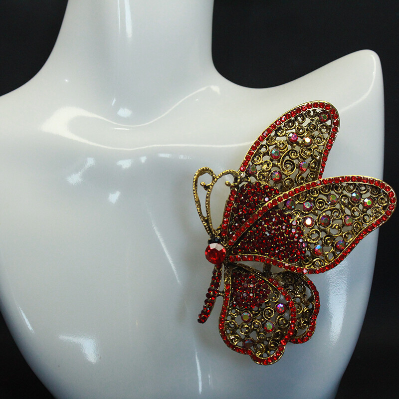 Vintage Large Size Red Butterfly Zircon Alloy Corsage Brooch Collar Pin