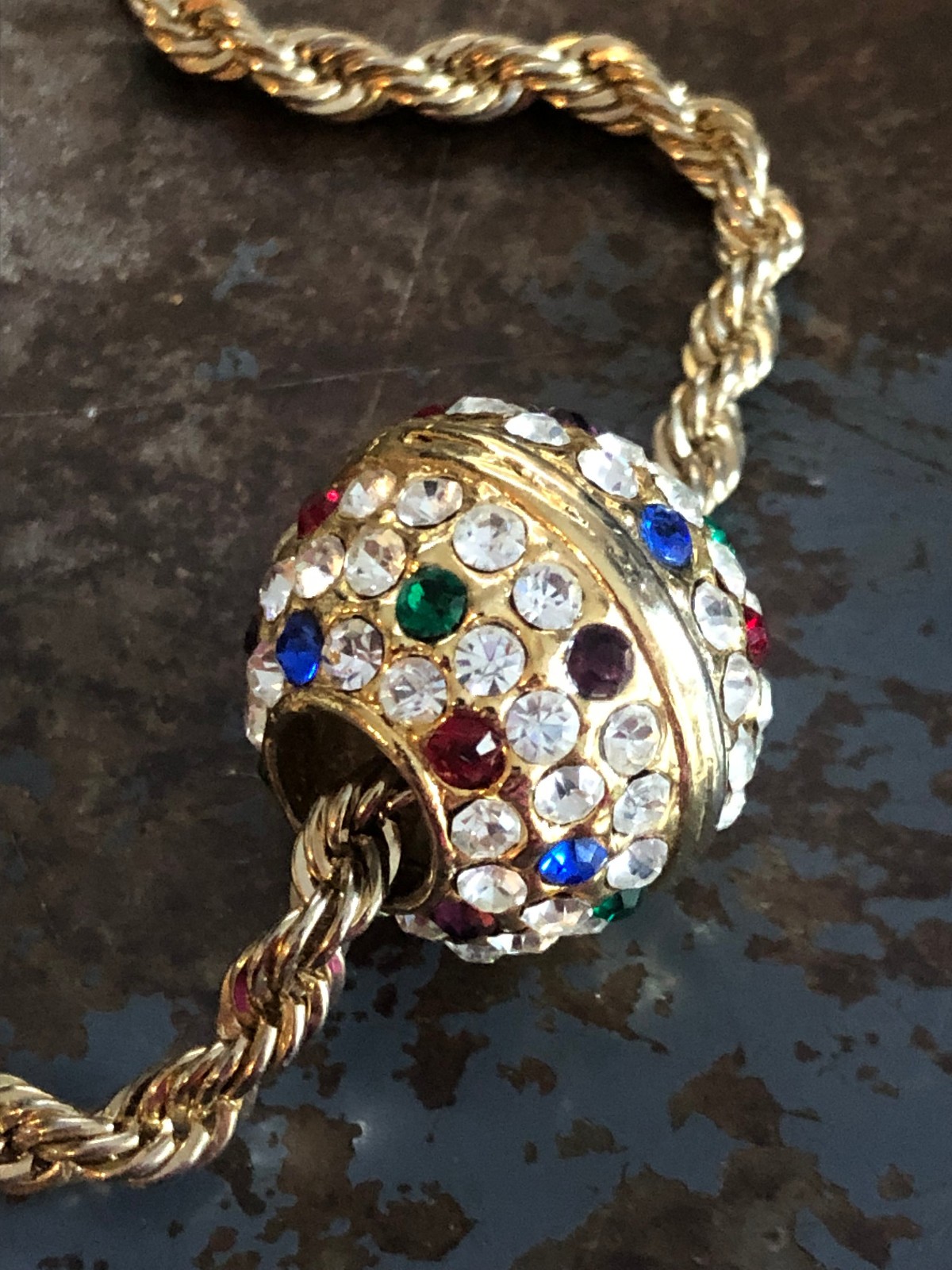 Vtg 24″ Gold Tone Rope Chain with Rhinestone Ball Slide Necklace Marked 24K GB