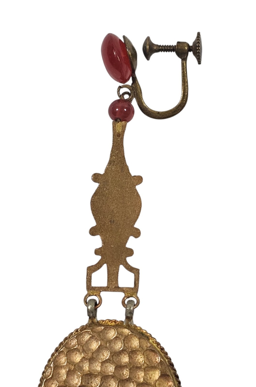 Antique Art Nouveau Single Dangle Earring Red Stones w/ Carved Cameo