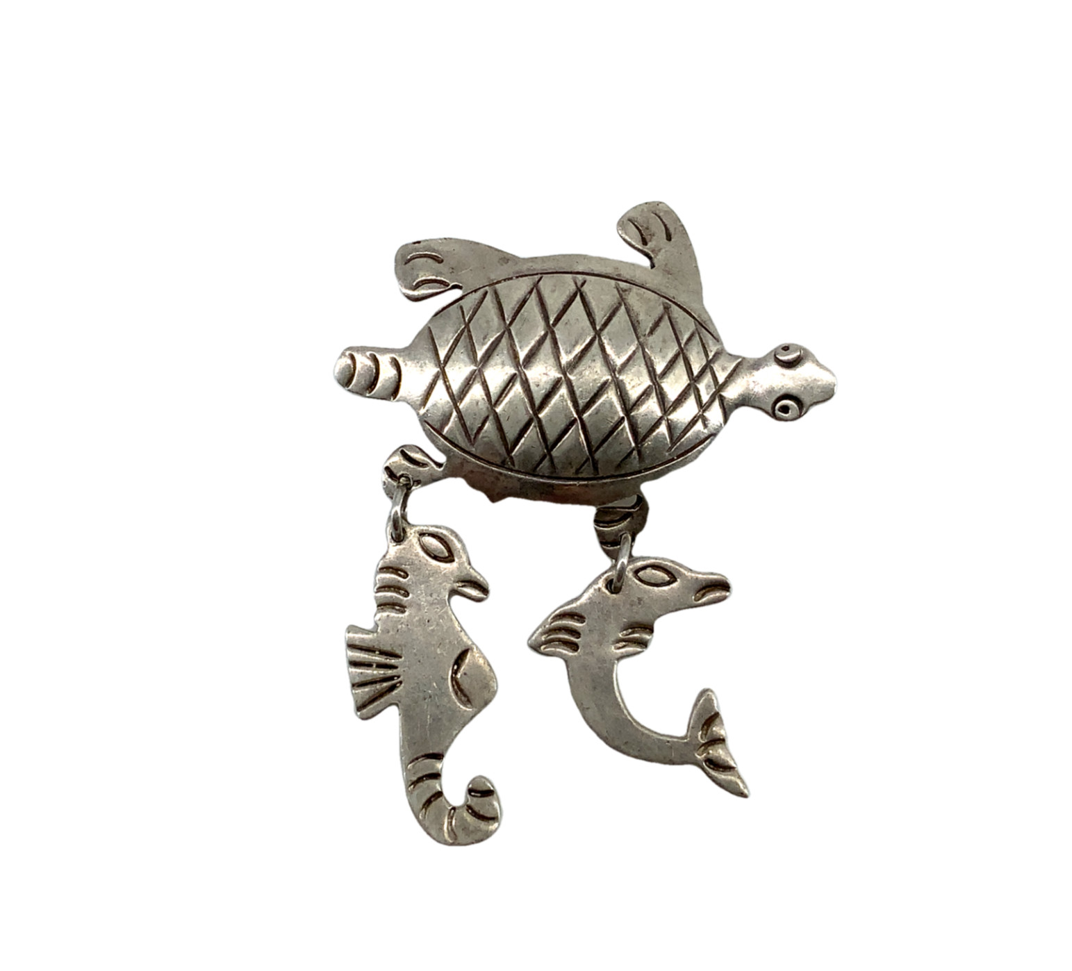 Vintage Sterling Silver Turtle Seahorse & Dolphin Sea creatures Brooch Pin