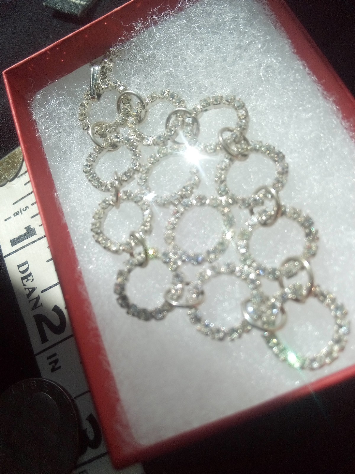 Neckl: 25, 2-1/2″ Pendant of Rhinestone Circles, ST, 17″ Chain, Lobster Clasp