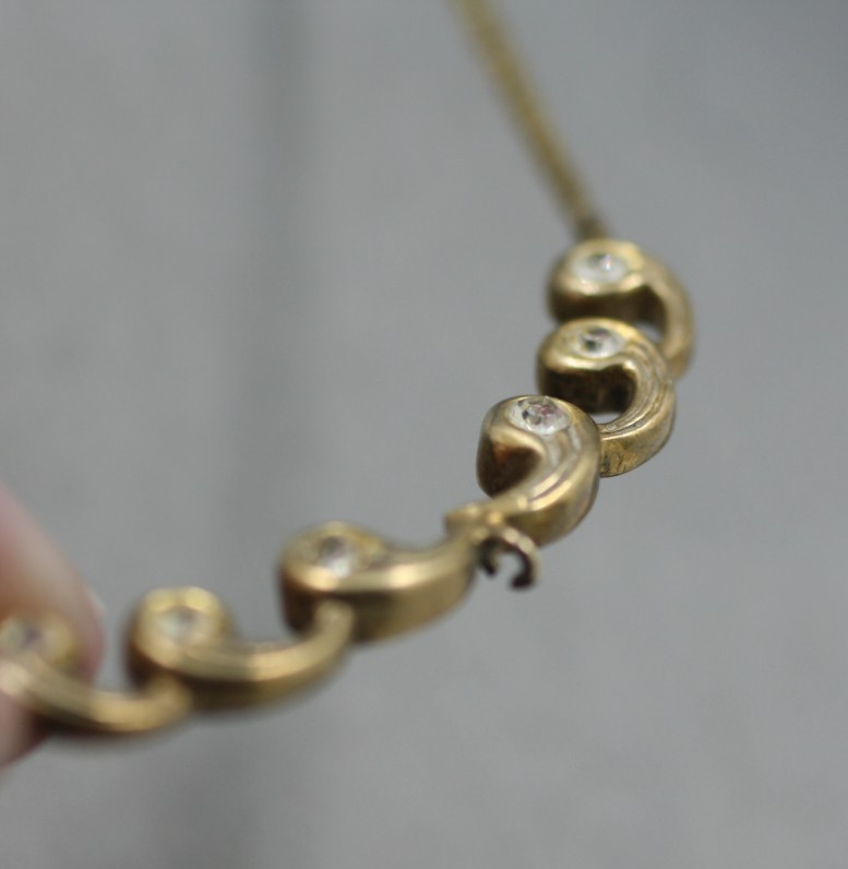 Vintage 835 604 VI silver gold wash clear stones bar pendant chain necklace 16″