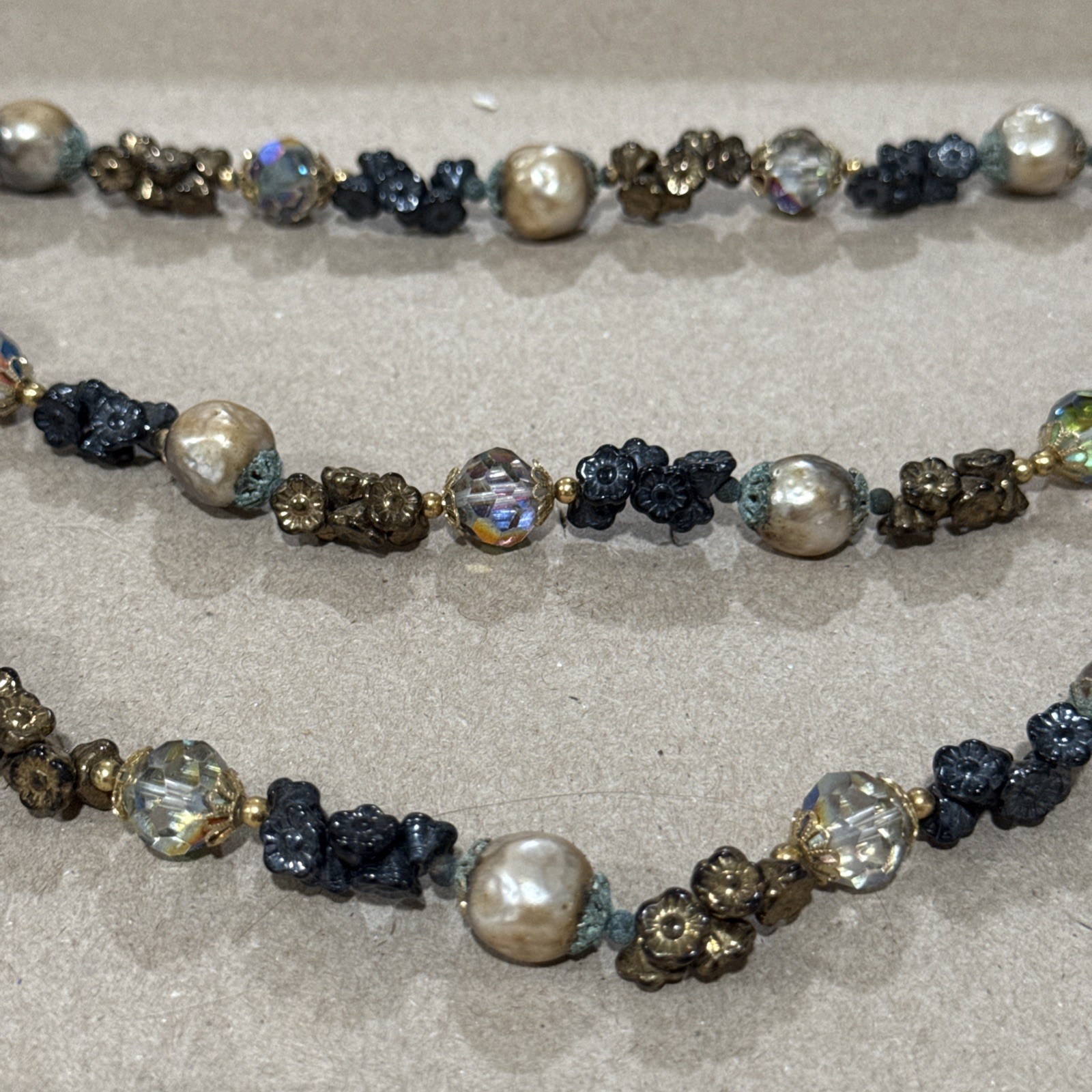 VTG Vendome 3 Strand Necklace & Bracelet Set Art Glass, Pearls, & Flower