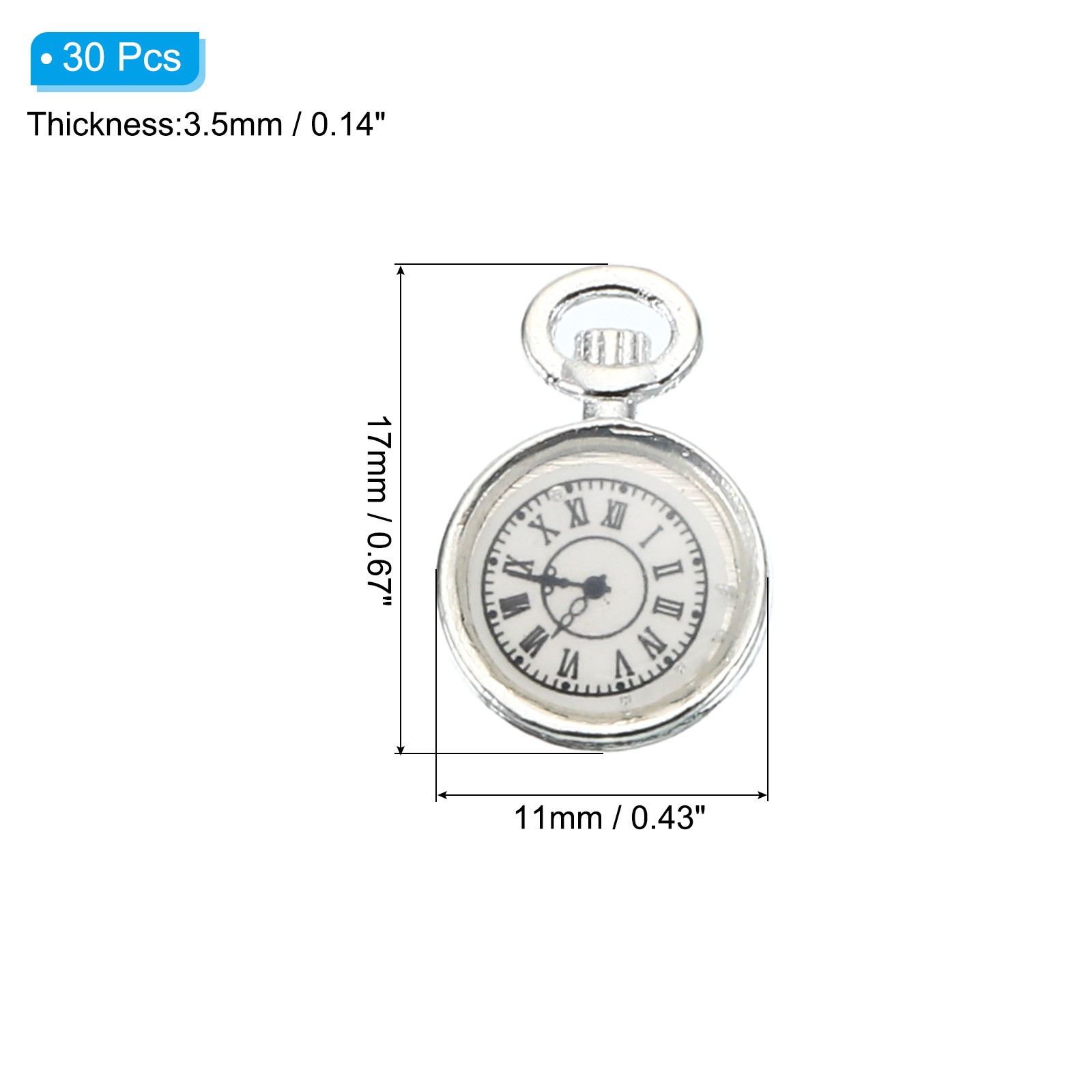 30Pcs 0.67×0.43″ Zinc Alloy Watch Clock Charm Pendant, Silver Tone